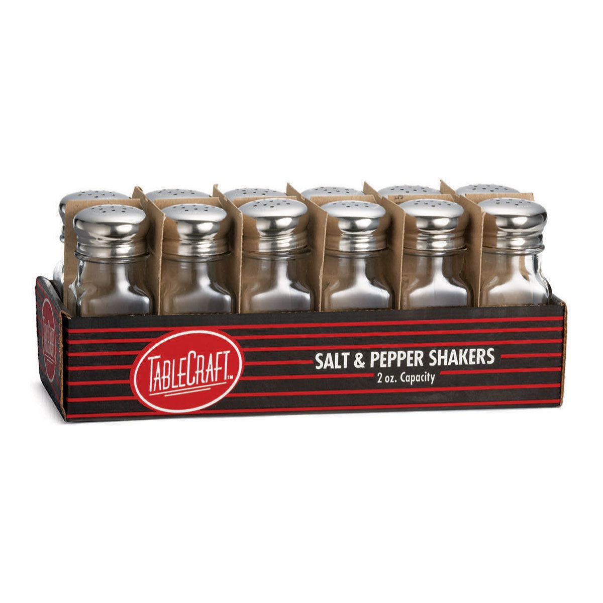 Tablecraft C154-12 square glass salt and pepper shakers with stainless steel tops displayed in branded retail box, pack of 12