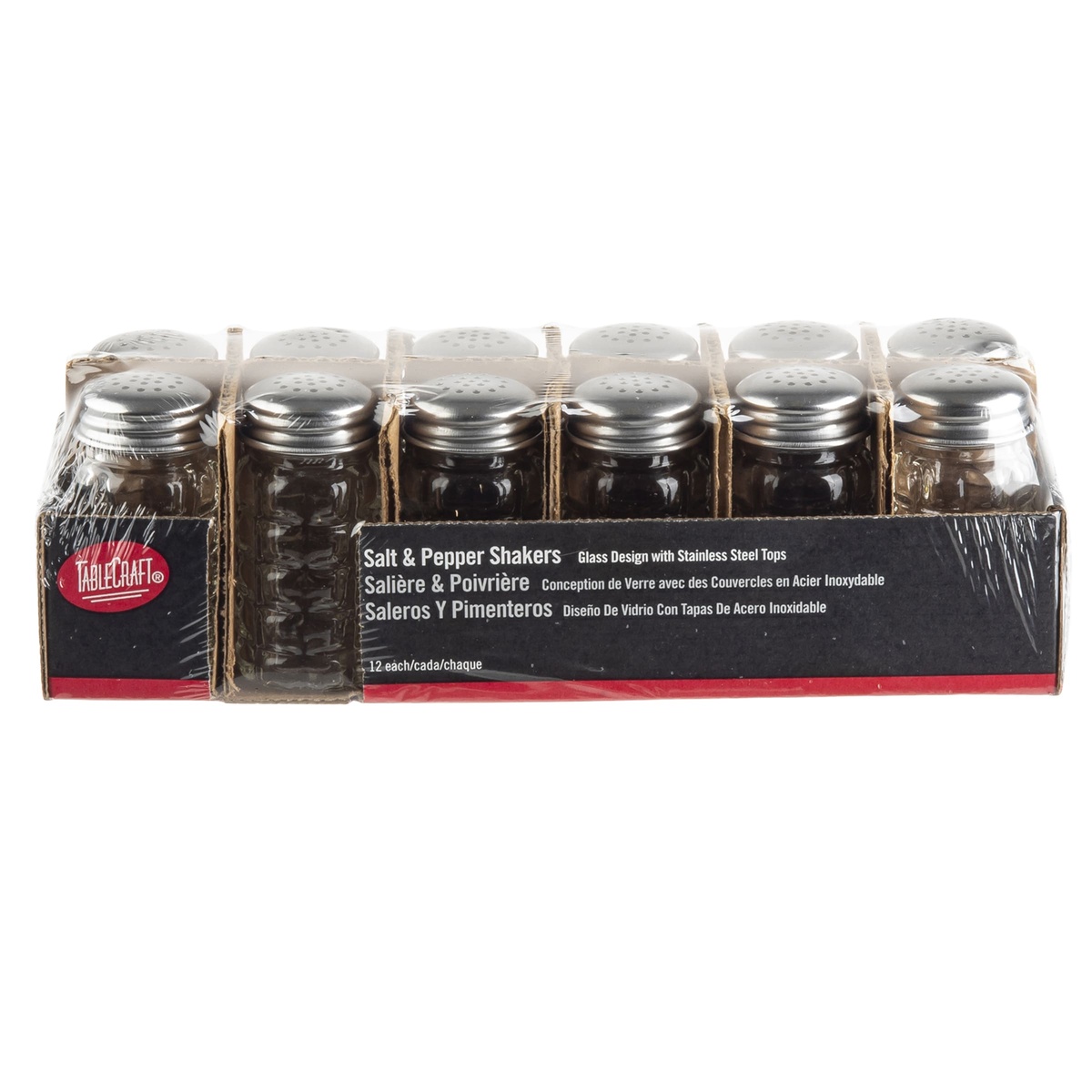 Tablecraft C163-12 salt and pepper shakers in retail display packaging showing 12 units per pack