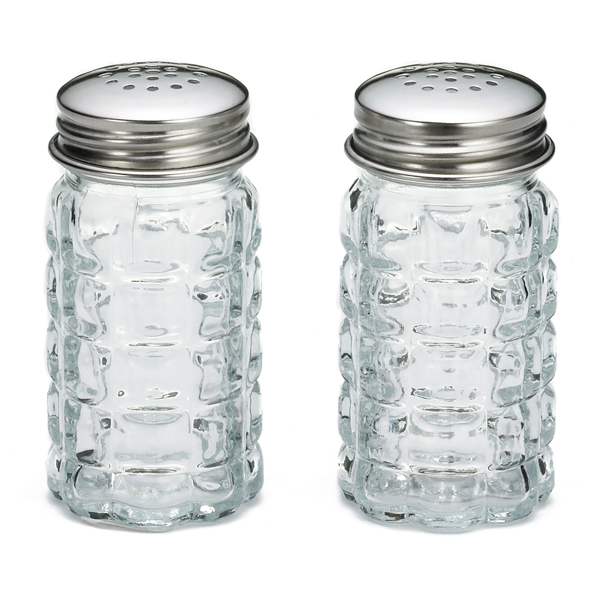 Pair of Tablecraft C163-12 nostalgia glass salt and pepper shakers with stainless steel tops on white background