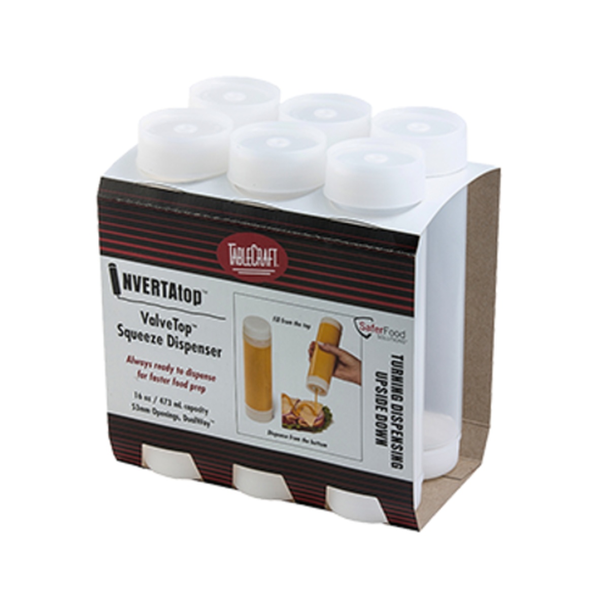 TableCraft C16SV InvertaTop ValveTop 16 oz squeeze dispensers shown in retail 6-pack packaging