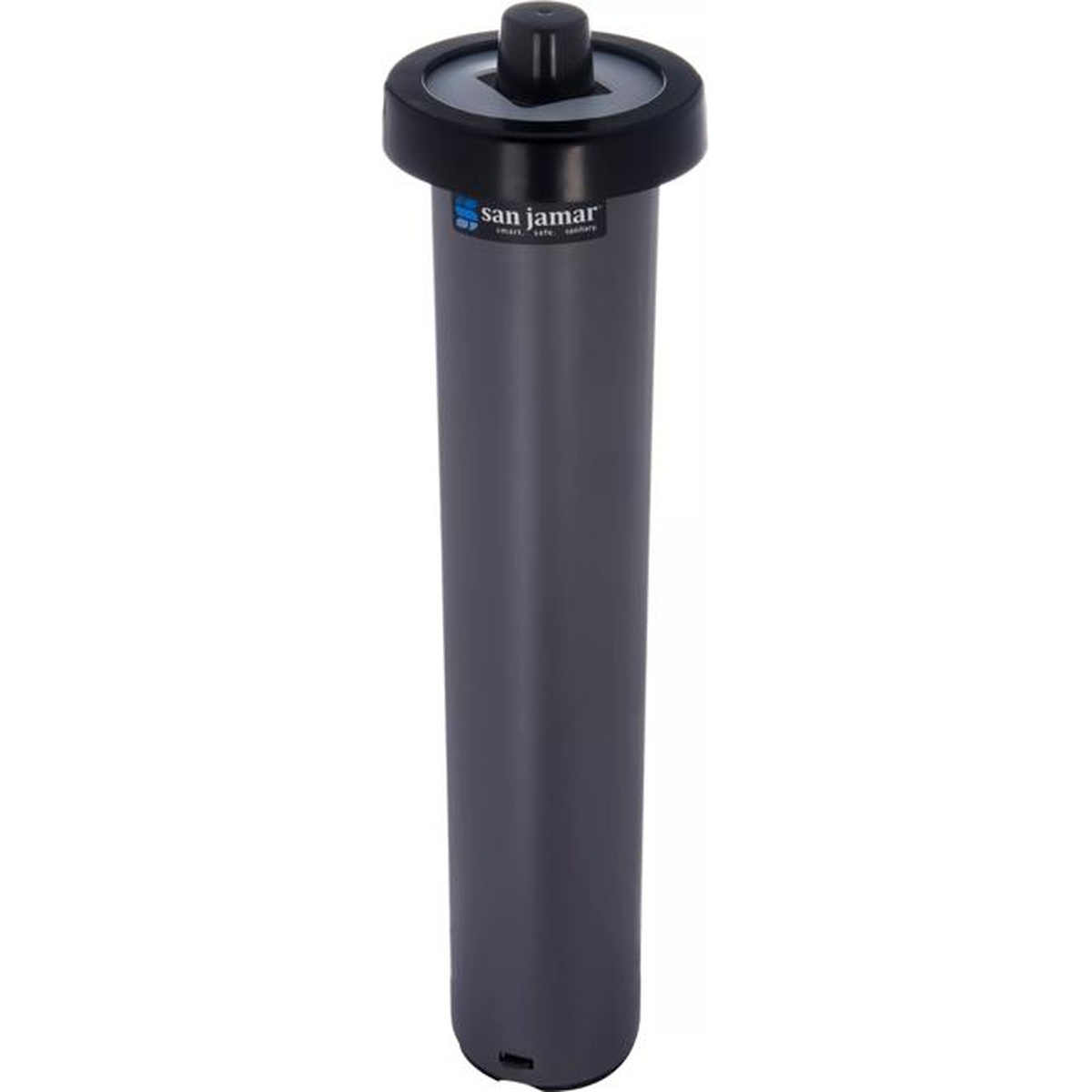 San Jamar C2010C black portion cup EZ-Fit dispenser, front view showing full 16-inch tube
