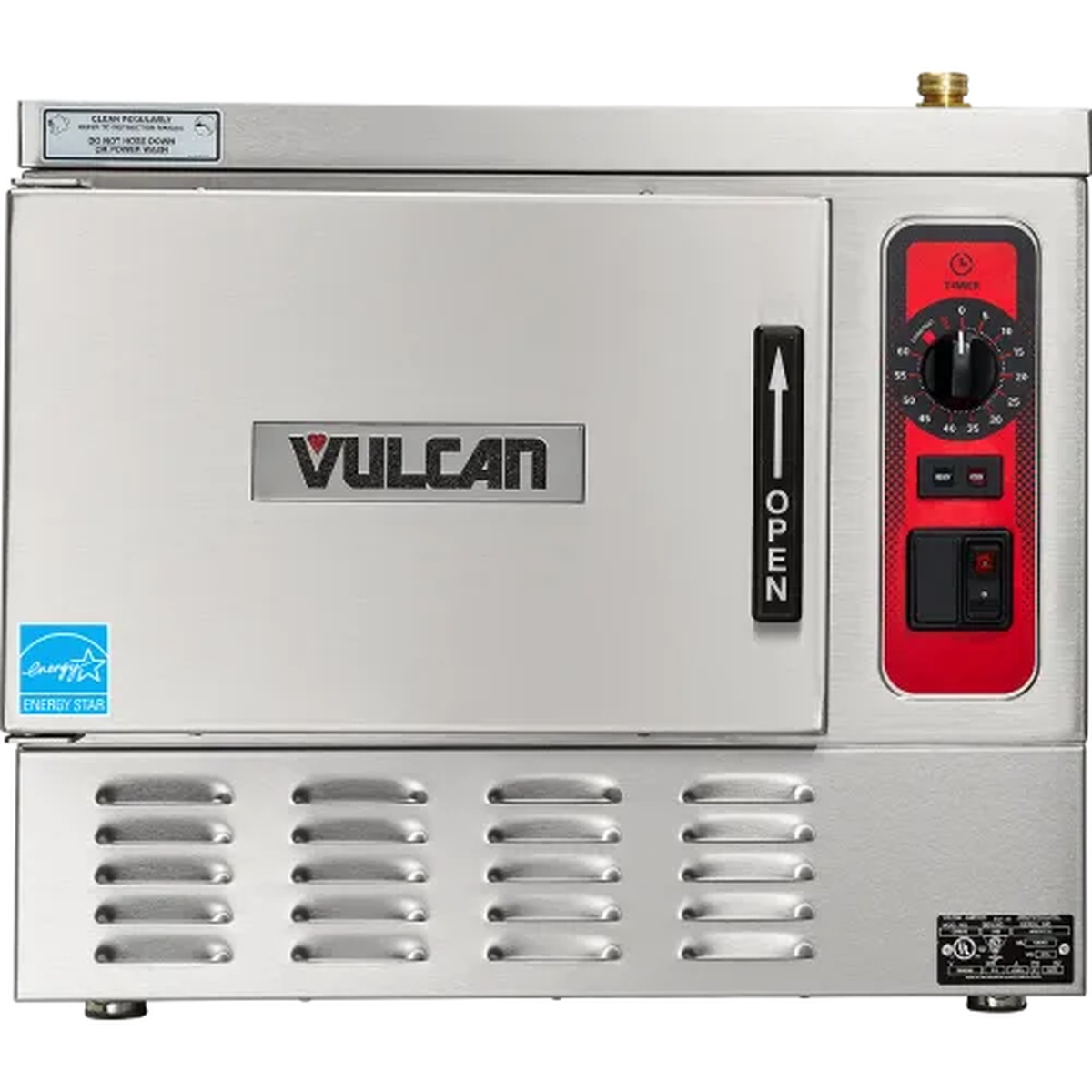 Vulcan C24EA3-LWE 3-pan electric countertop convection steamer, front view showing stainless steel body and red control panel