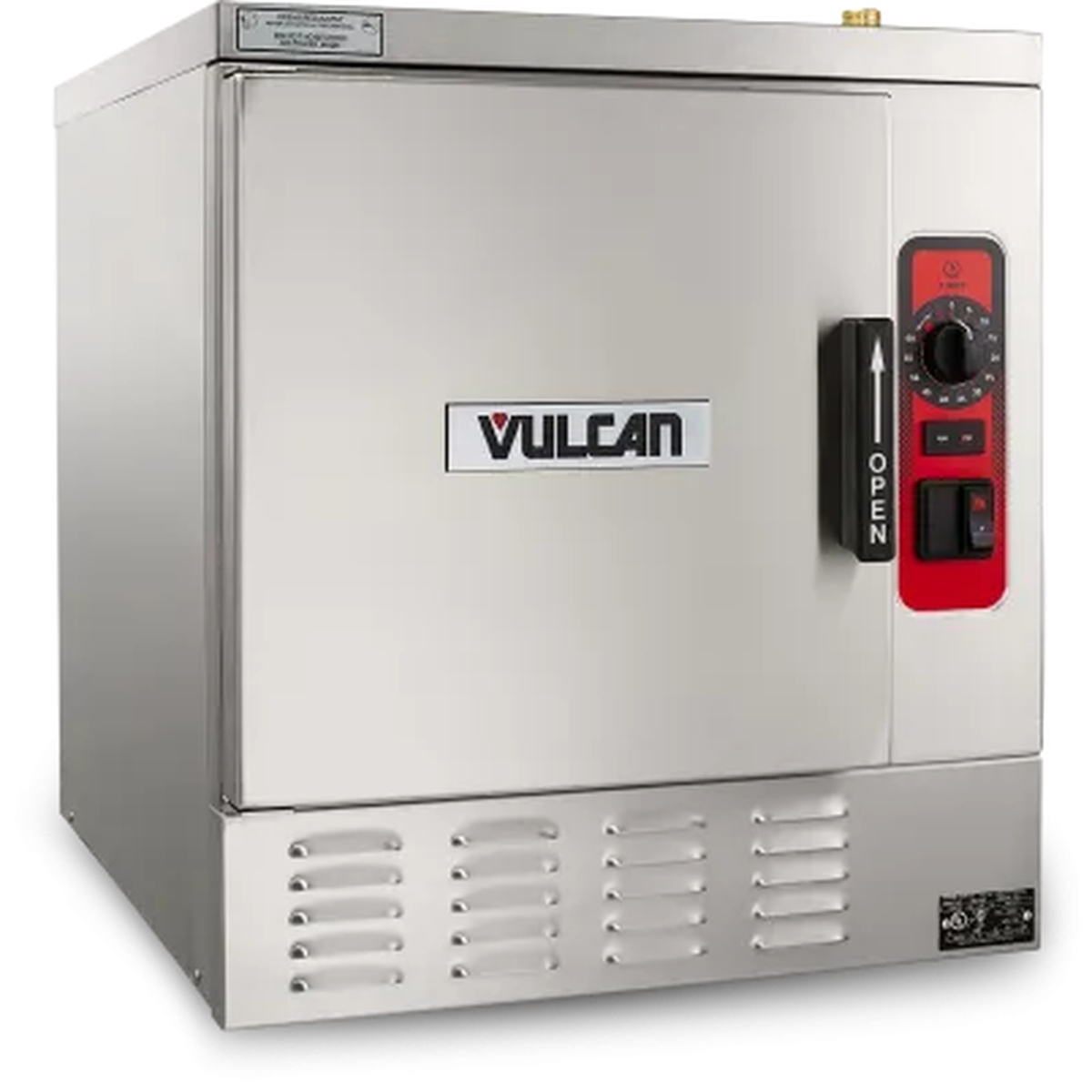 Vulcan C24EA5-PLUS countertop convection steamer three-quarter angle view showing stainless steel body and red control panel