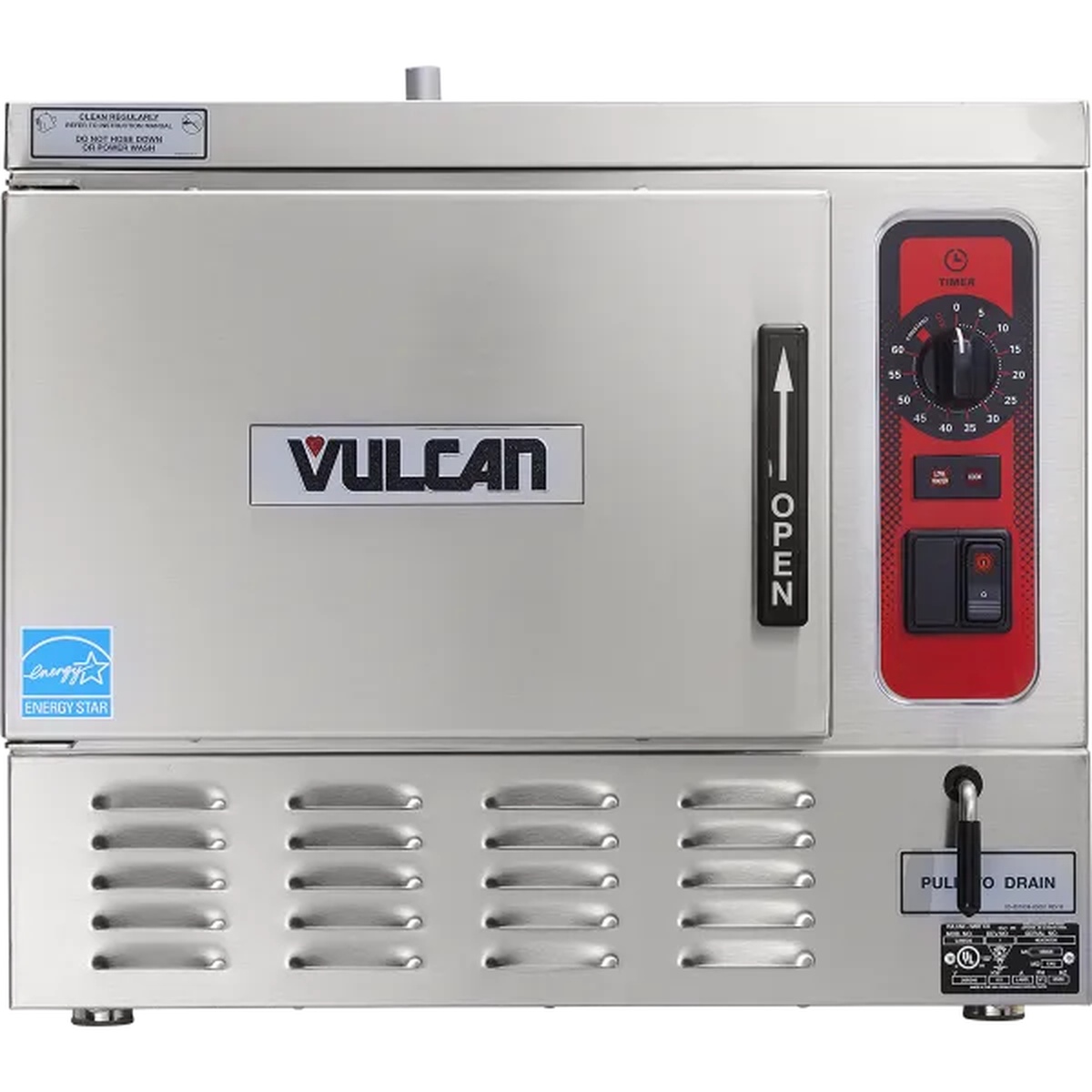 Vulcan C24EO3 front view showing stainless steel door, OPEN latch handle, red control panel with timer, and ventilation grille
