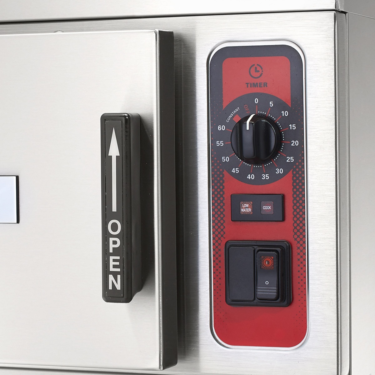 Close-up of Vulcan C24EO3AF control panel showing 60-minute timer dial, low water and cook indicator lights