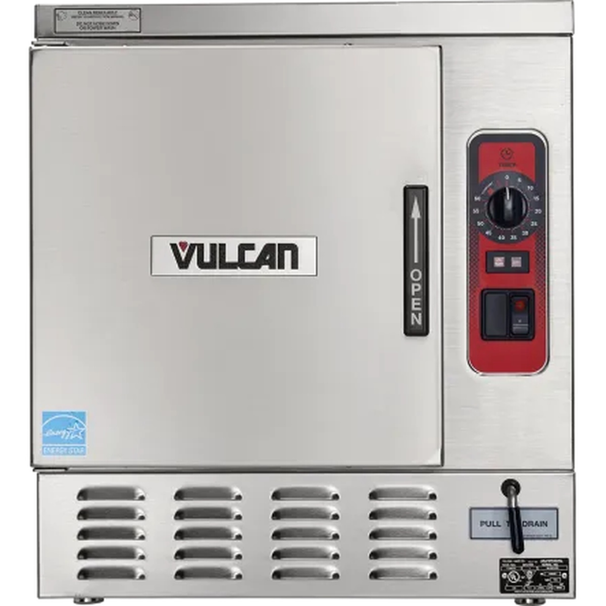 Vulcan C24EO5 countertop electric boilerless steamer, front view showing stainless steel door, control panel, and pull-to-drain handle