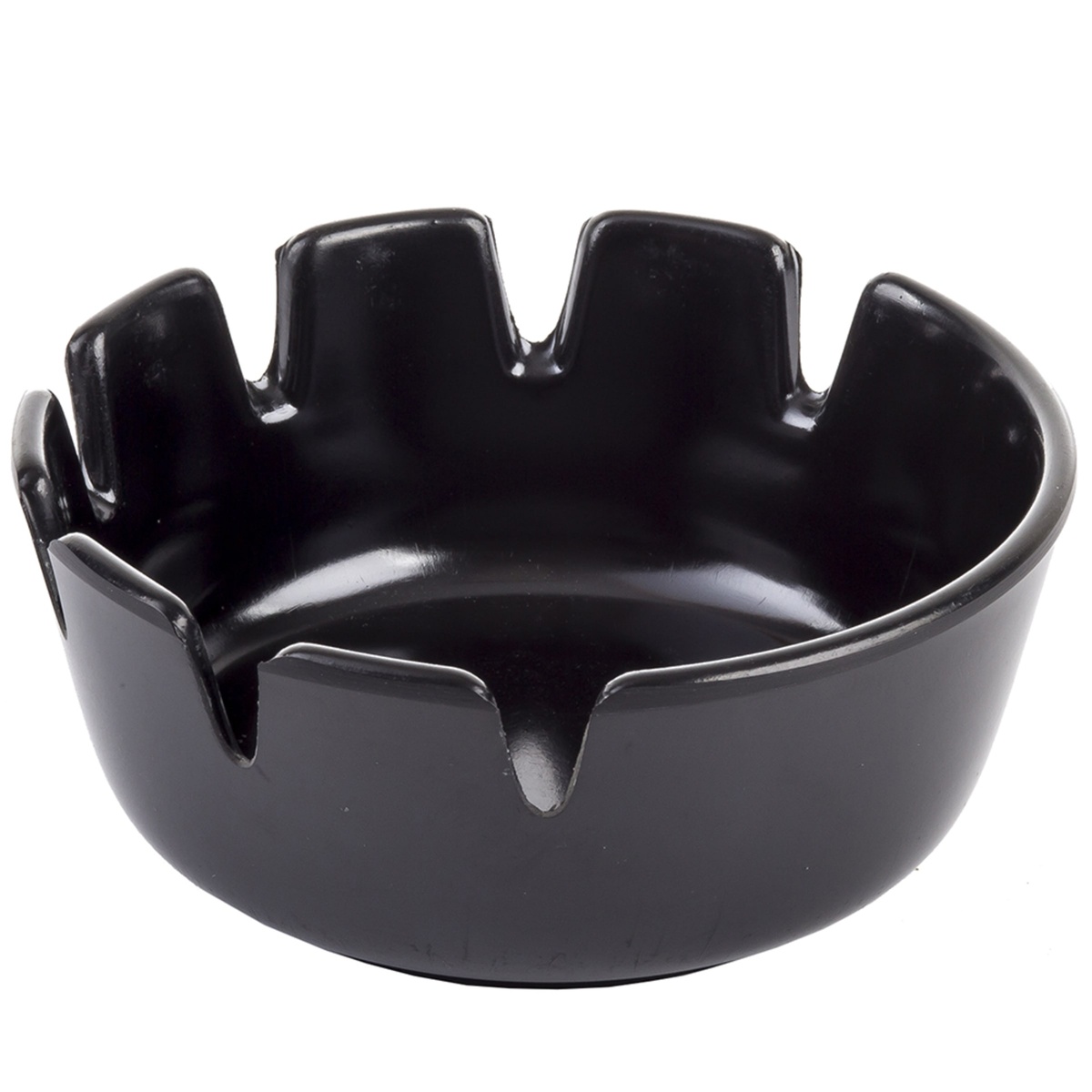 Side angled view of the Tablecraft 263B-1 black ashtray showing bowl depth and rim profile