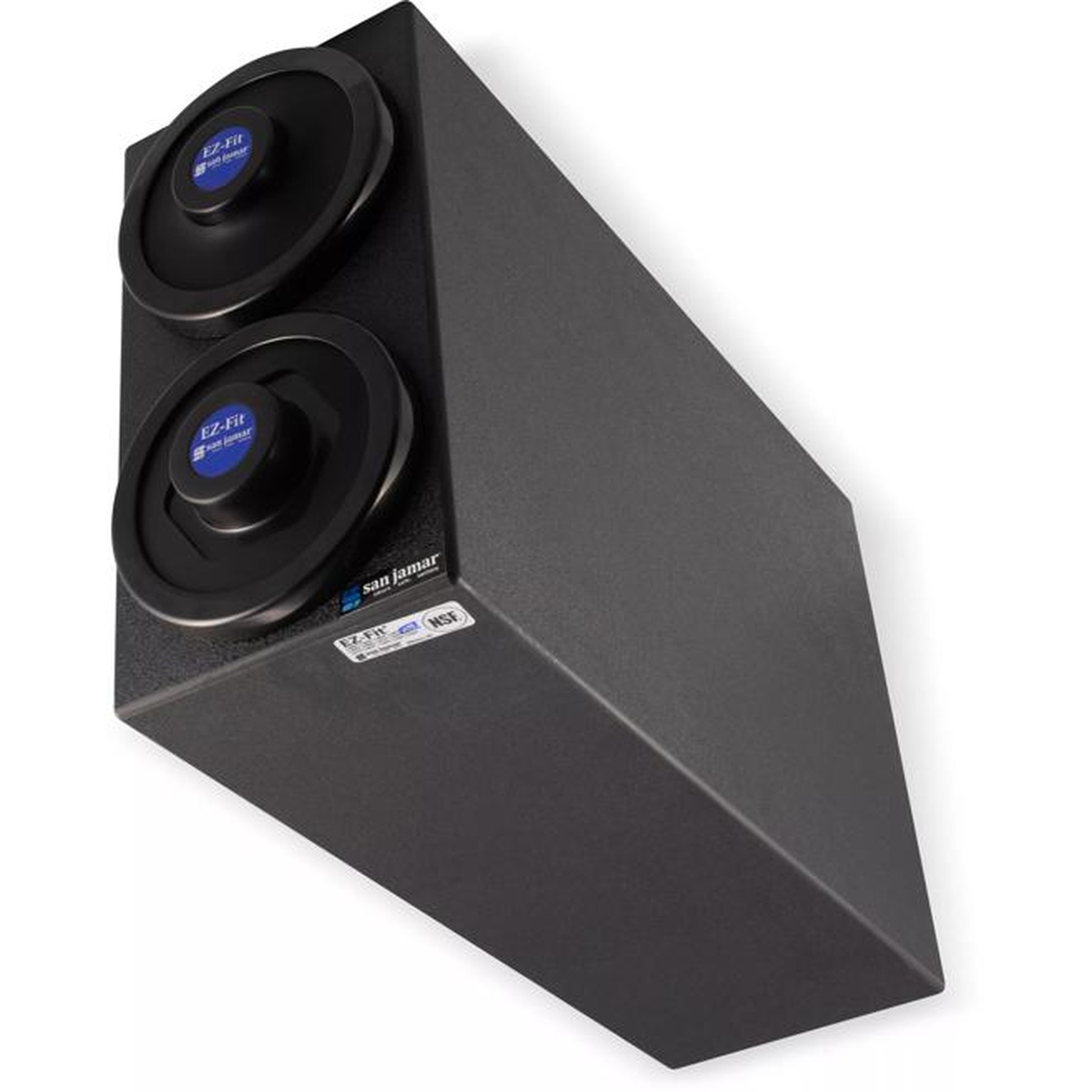 San Jamar EZ-Fit 2-slot black countertop cup dispenser cabinet angled view