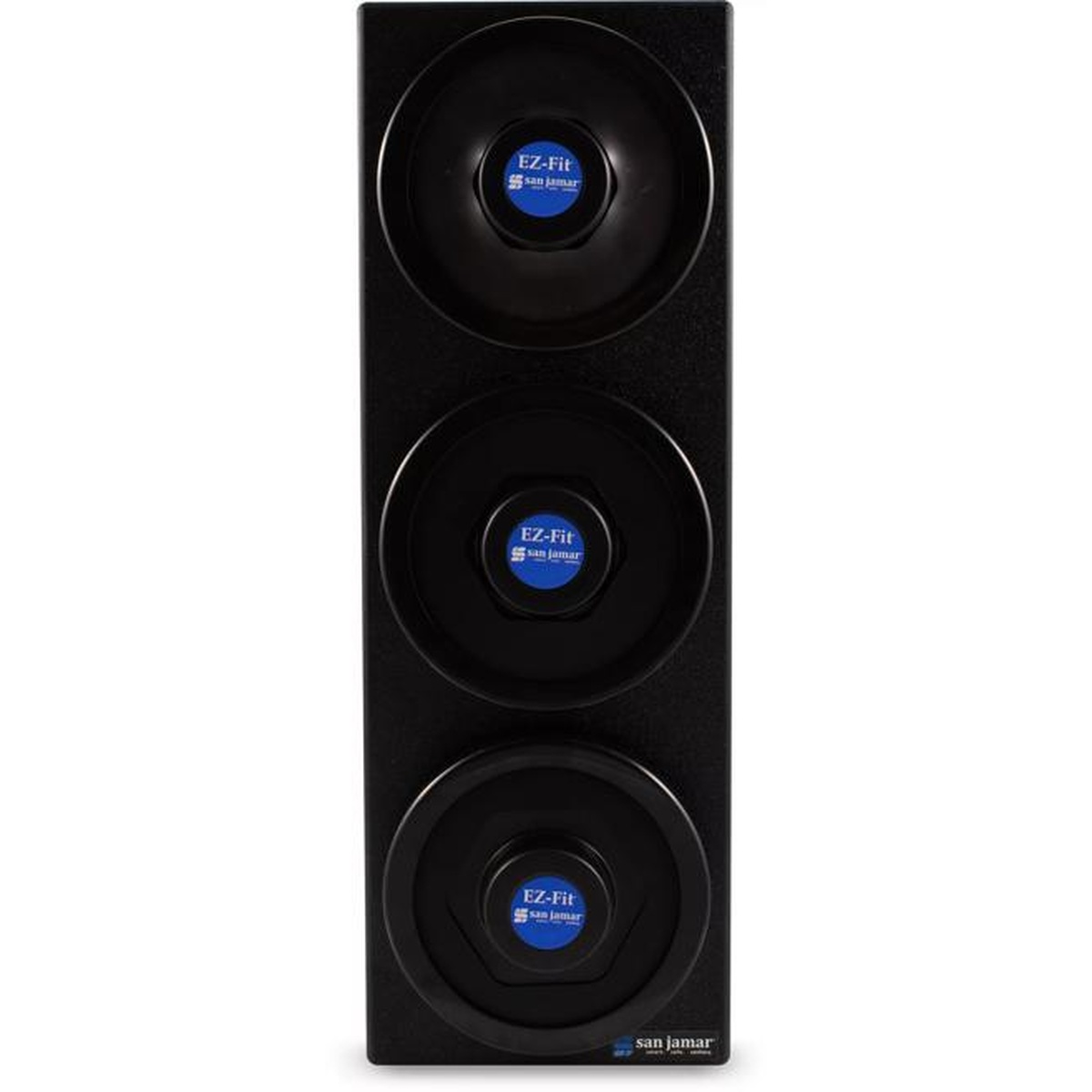 San Jamar C2903BK EZ-Fit cup dispenser cabinet front view showing three black dispensing rings
