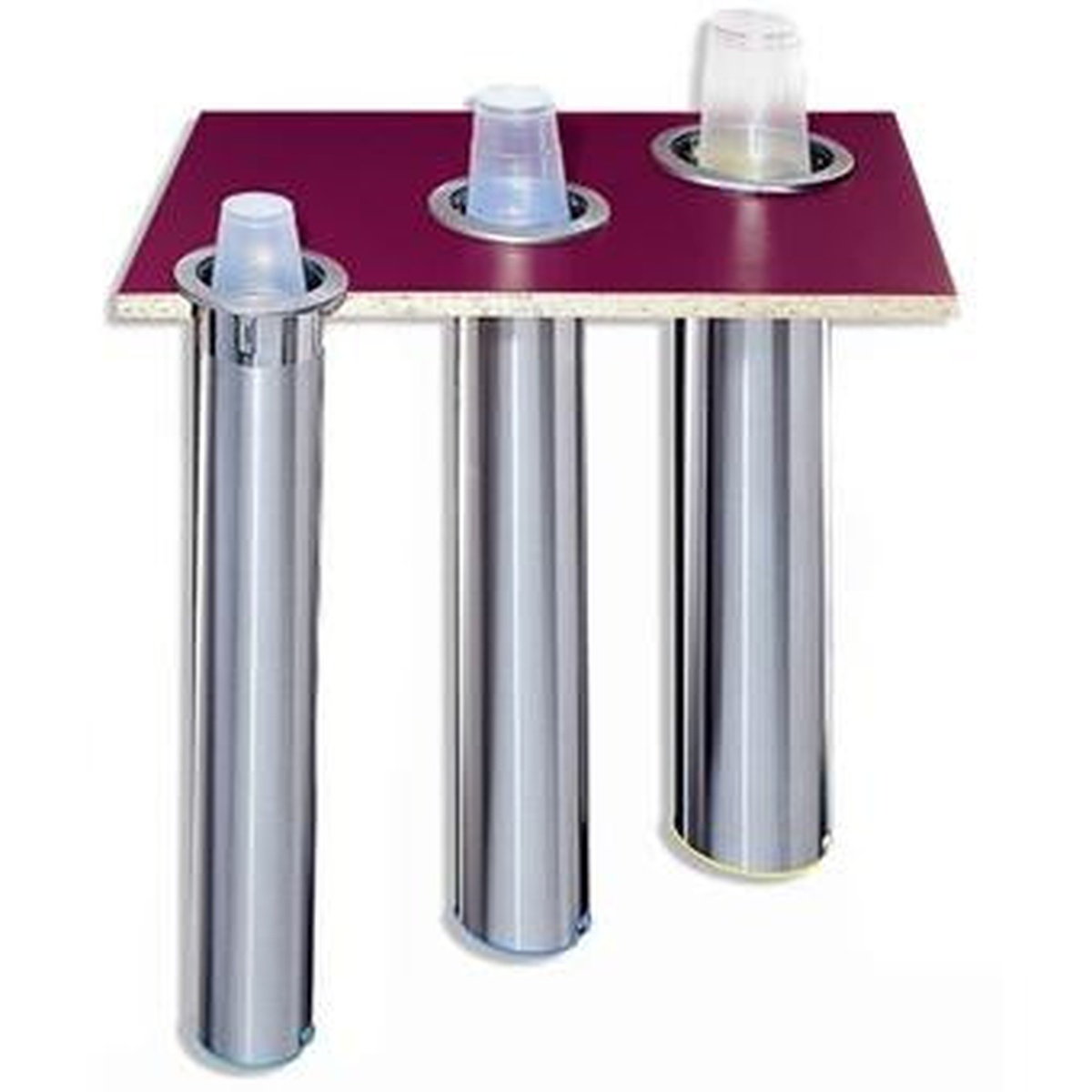 San Jamar C3200CF stainless steel in-counter cup dispensers mounted through a counter surface
