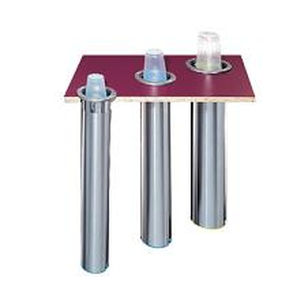 San Jamar C3200CH stainless steel in-counter mount cup dispensers installed through a counter surface with cups loaded