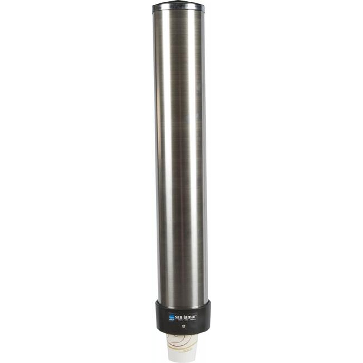 San Jamar C3200P cup dispenser dispensing a cup from the bottom opening