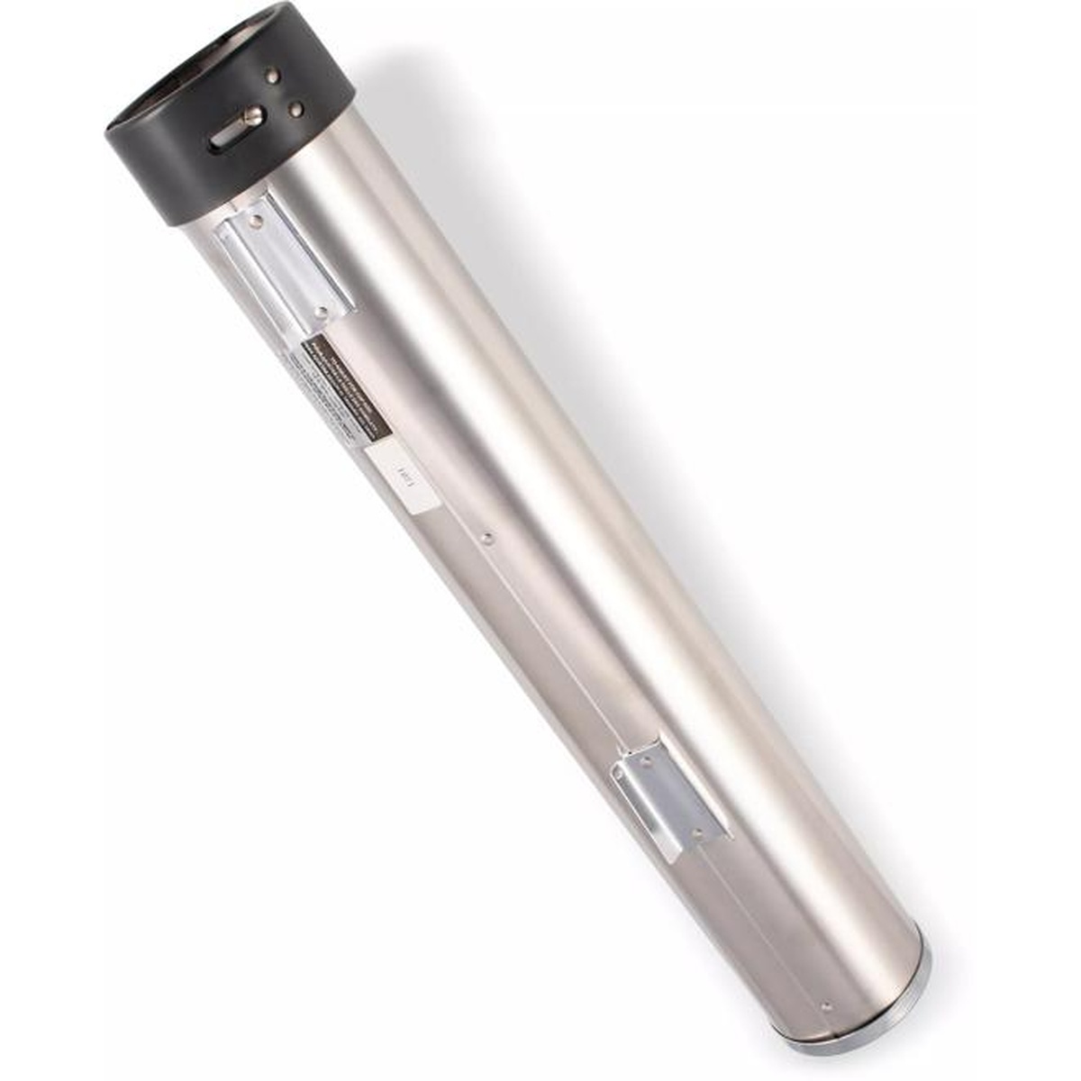San Jamar C3200P stainless steel cup dispenser shown at an angle revealing mounting hardware