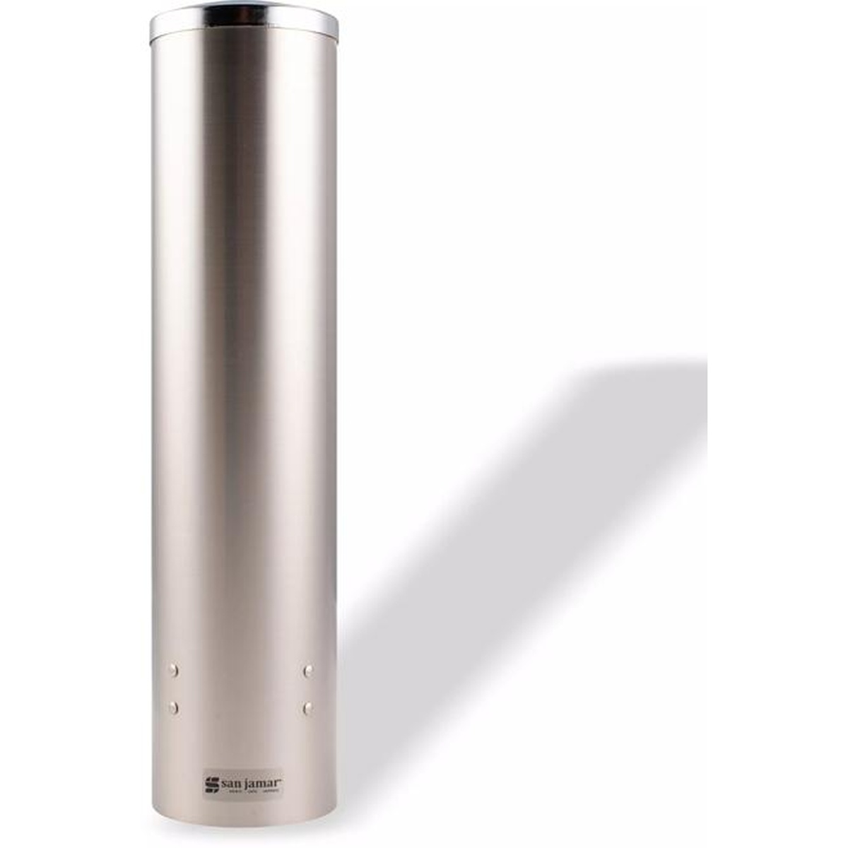 San Jamar C3250SS stainless steel pull-type water cup dispenser, upright front view showing flip cap top