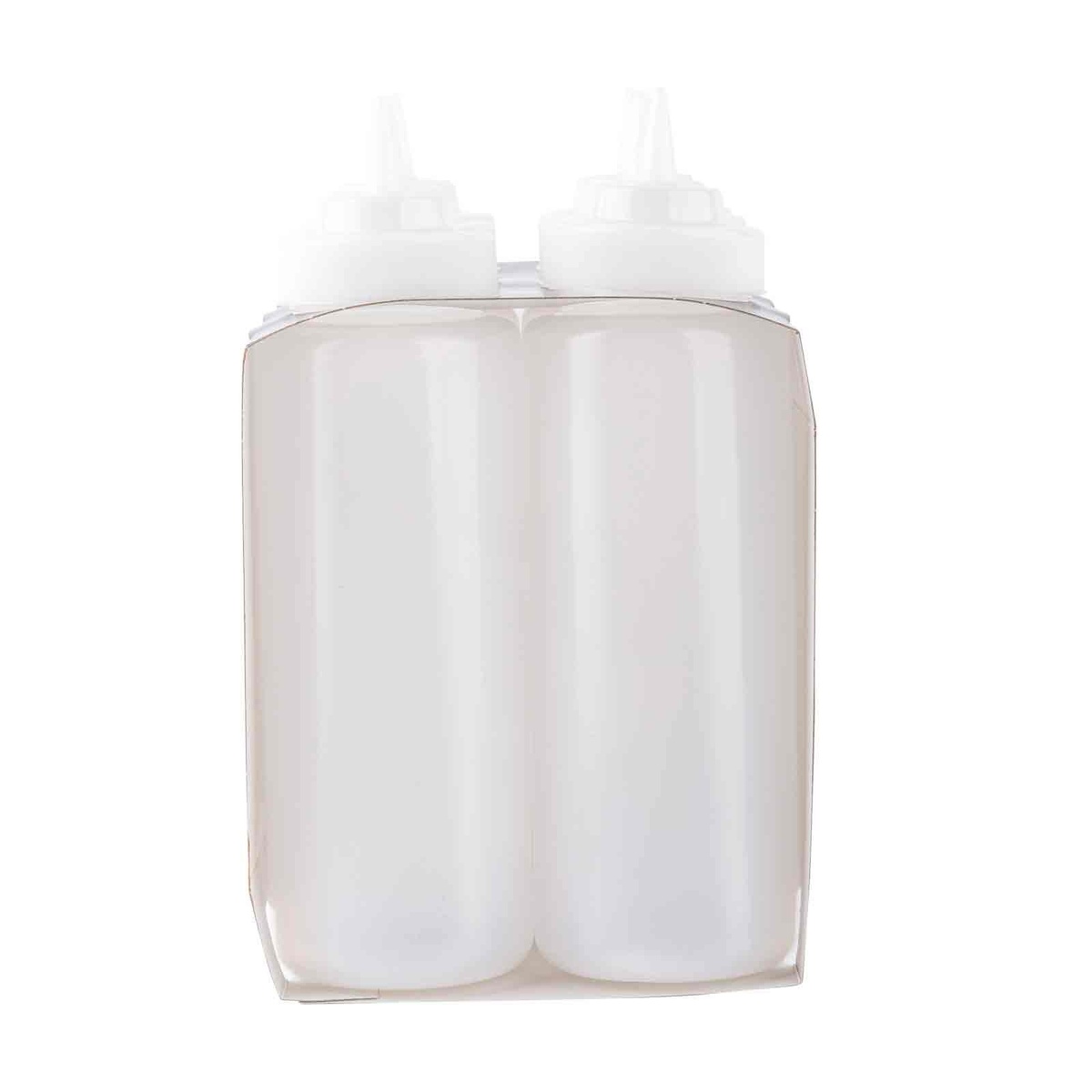 Two clear TableCraft Widemouth Squeeze Bottles with natural TipTop caps shown in clear retail packaging