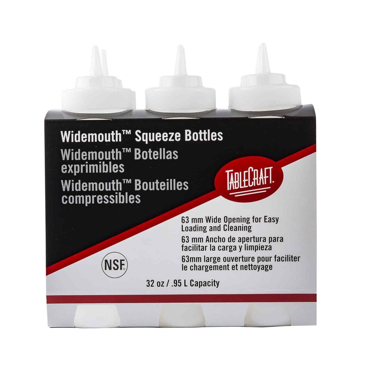 Three TableCraft Widemouth Squeeze Bottles in retail box, front-facing view showing NSF marking and capacity label
