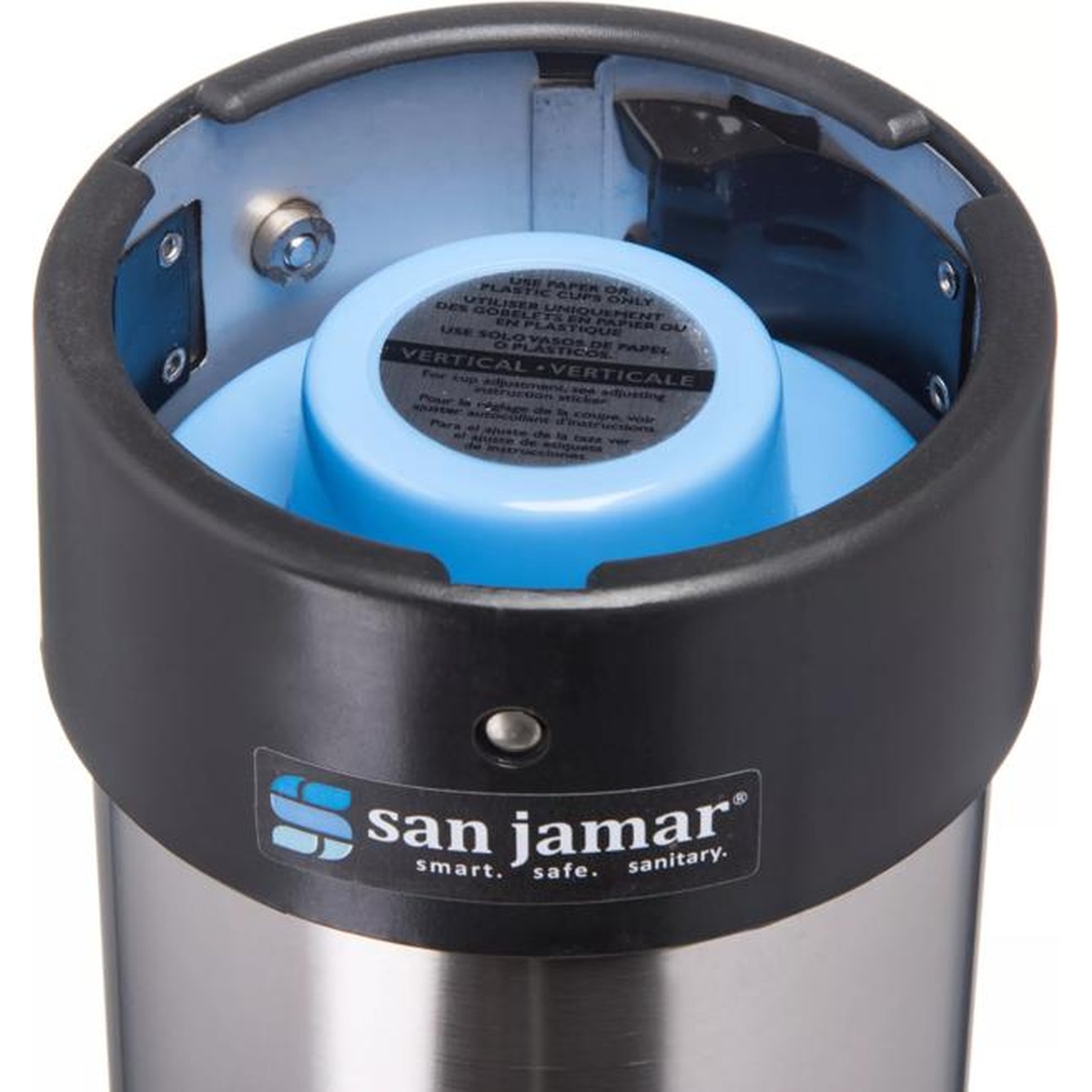 Close-up of San Jamar C3400EV adjustable collar and top opening showing the patented blue cup-gripping mechanism