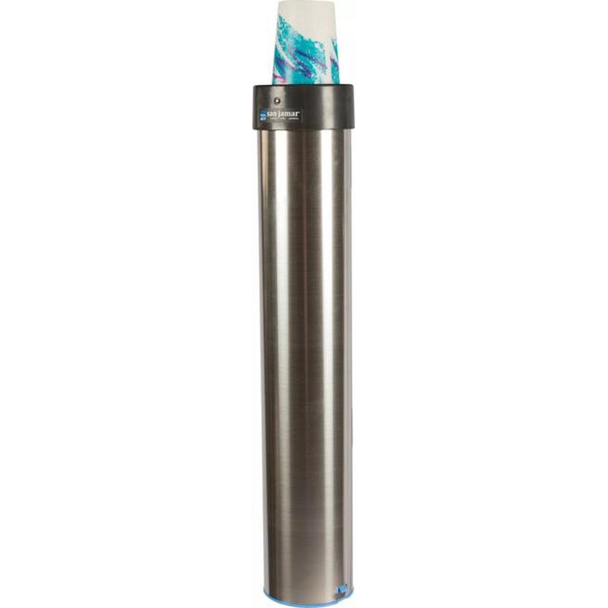 San Jamar C3400EV cup dispenser loaded with a paper cup, showing top-loading design