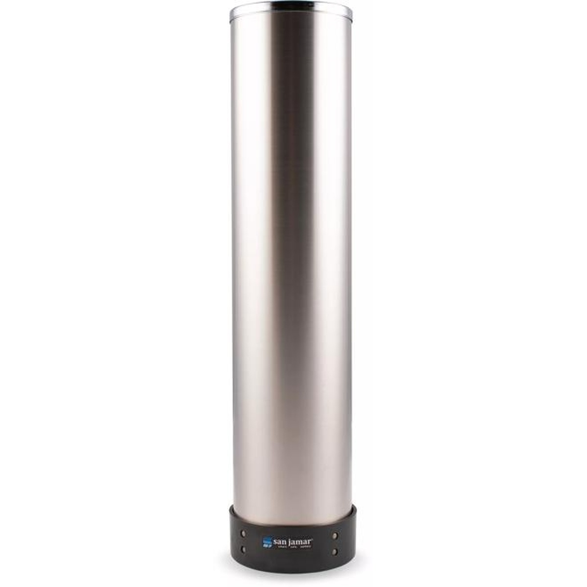San Jamar C3500CH stainless steel cup dispenser shown upright with black collar at base, full product view