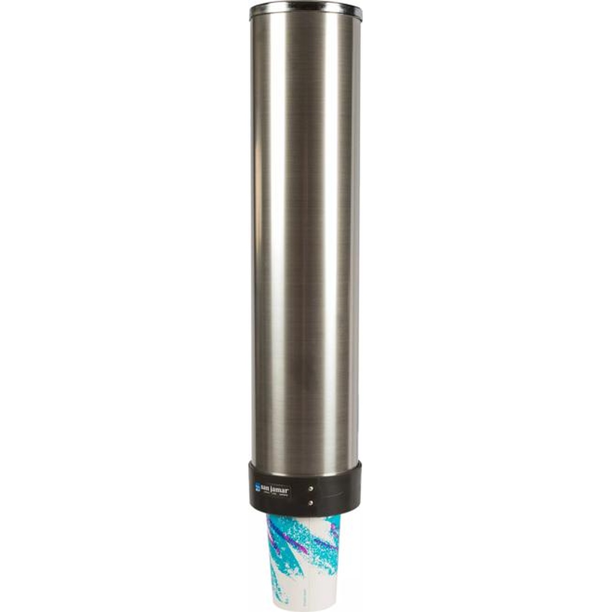 San Jamar C3500CH stainless steel cup dispenser dispensing a large beverage cup from the bottom collar