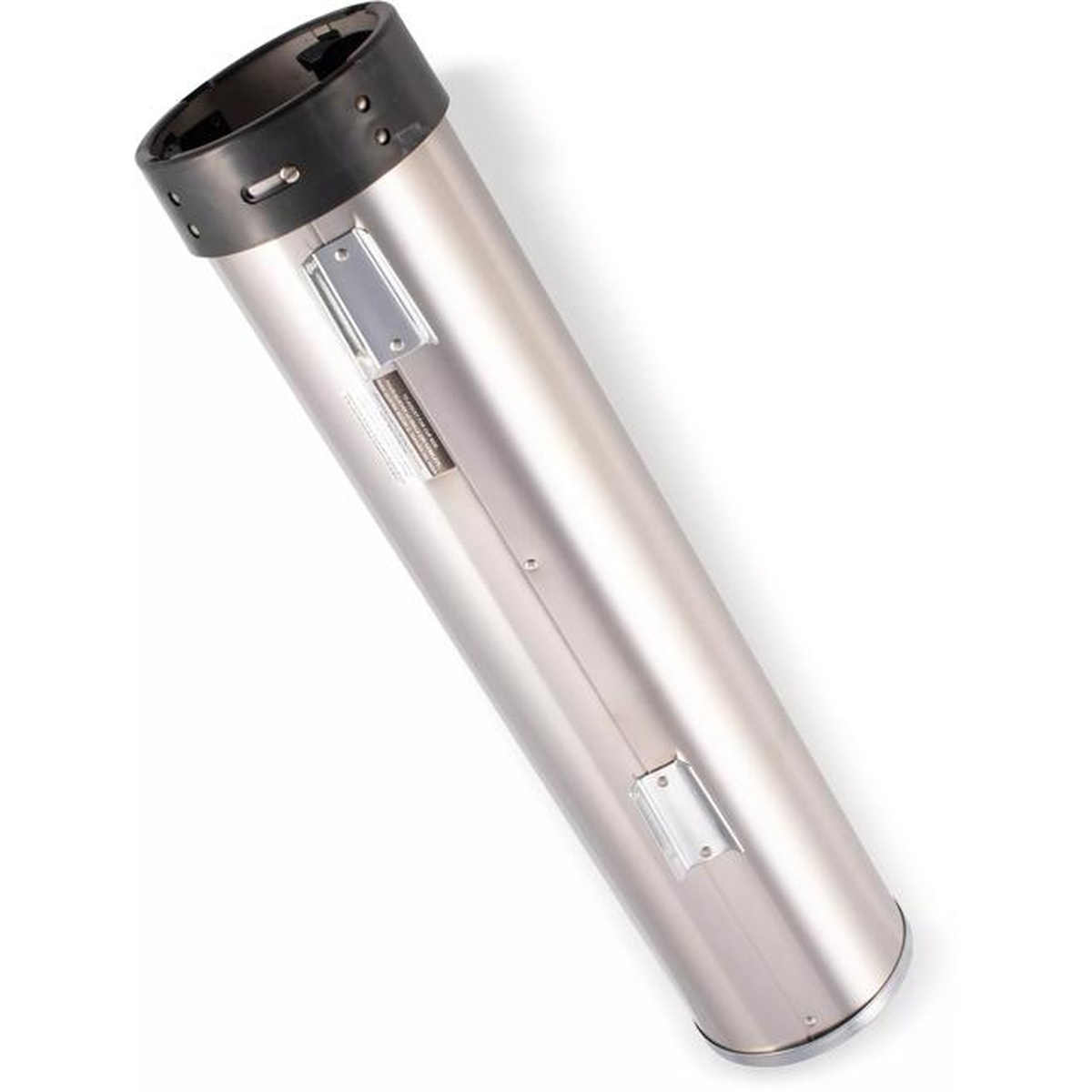 San Jamar C3500CV stainless steel in-counter cup dispenser shown at an angle displaying full tube and mounting bracket