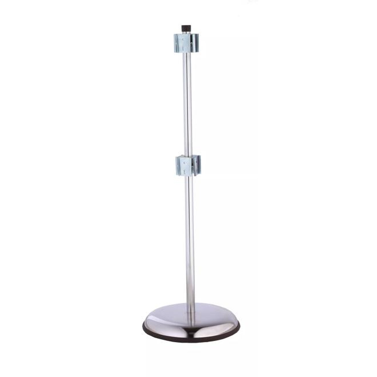 San Jamar C3604 chrome cup dispenser stand with two bracket mounts on vertical pole and oval base on white background