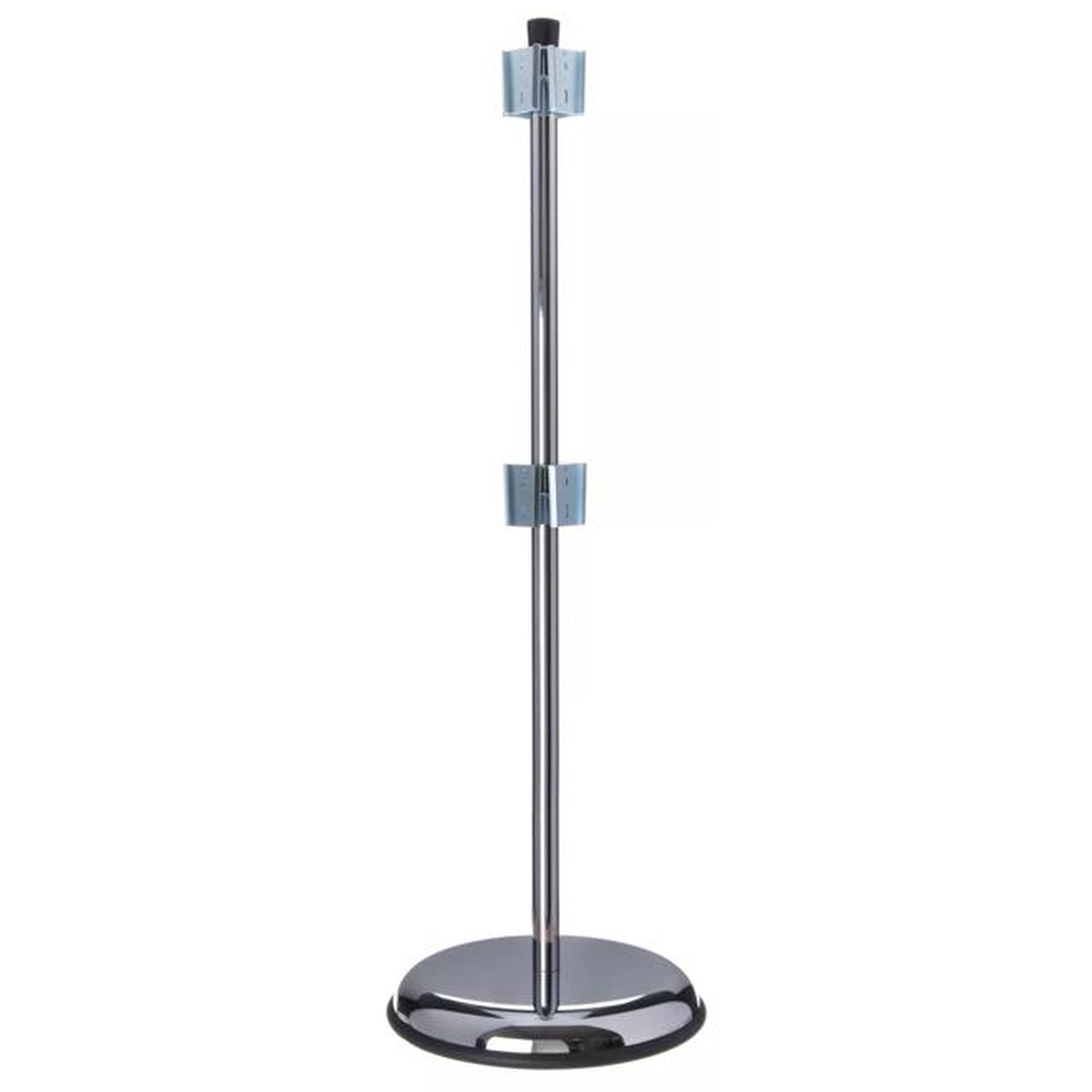 San Jamar C3604 revolving cup dispenser stand with chrome pole and round base shown against dark background