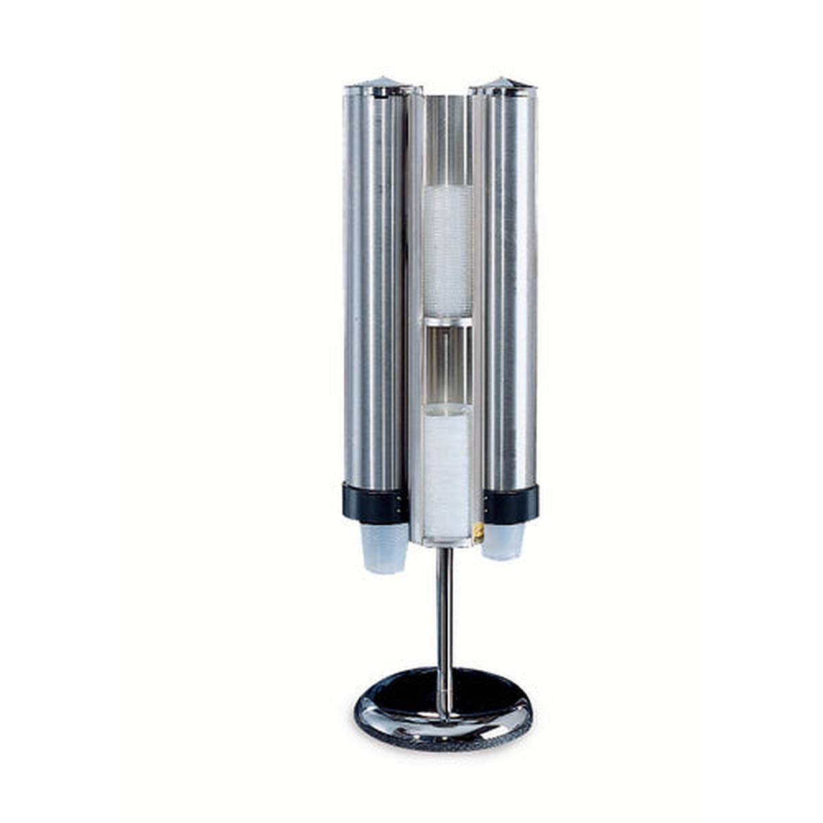 San Jamar C3620 cup and lid dispenser kit with rotating chrome stand and three cylindrical dispensers