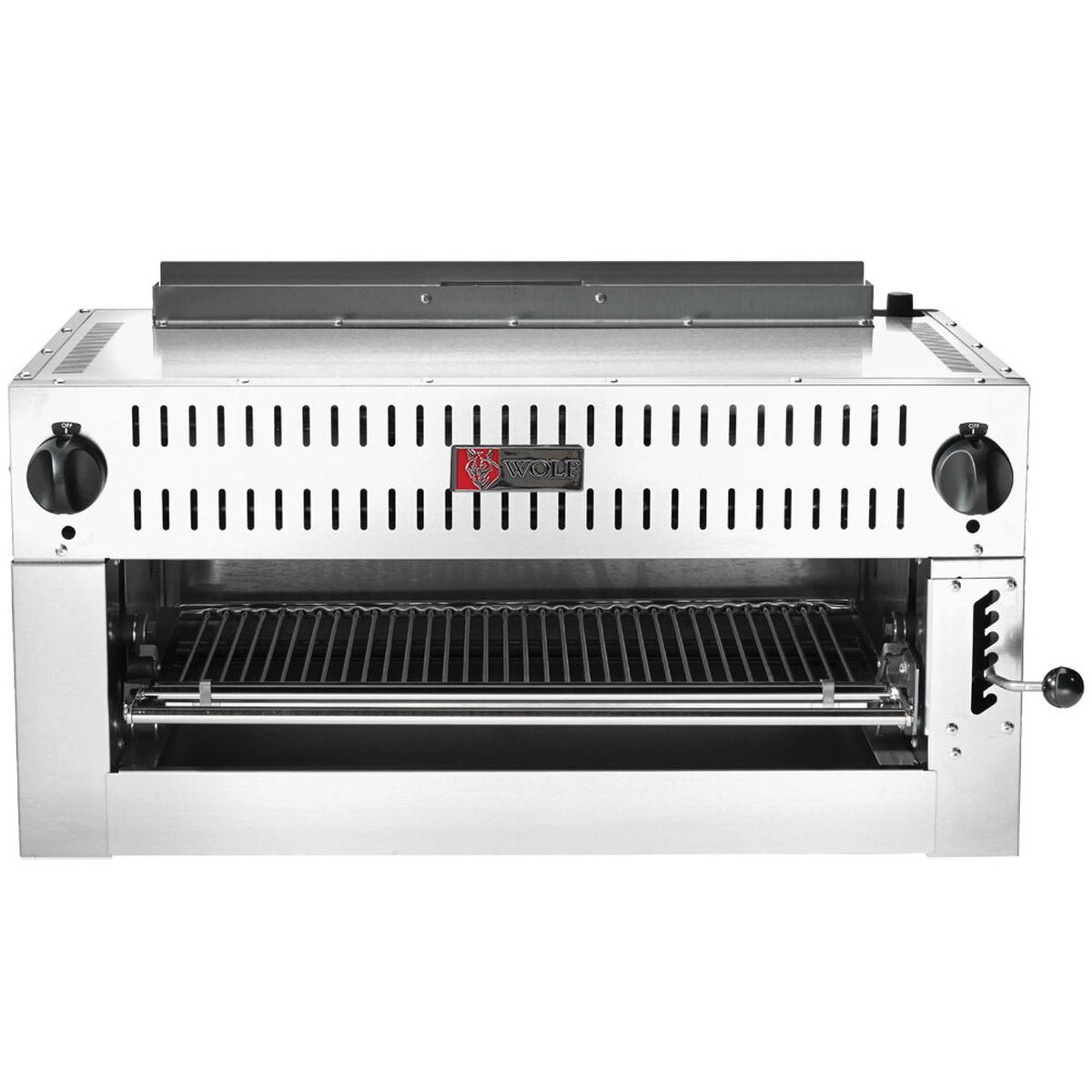 Wolf C36IRB-N 36-inch natural gas infrared salamander broiler, front view showing dual control knobs, chrome broiler grid, and stainless steel body