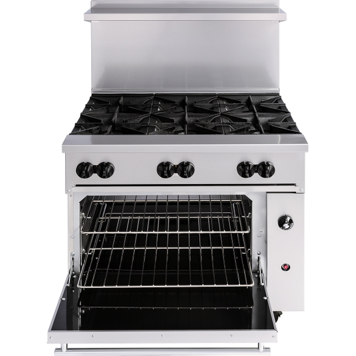 Wolf C36S-36G 36-inch gas restaurant range with open standard oven door showing interior rack
