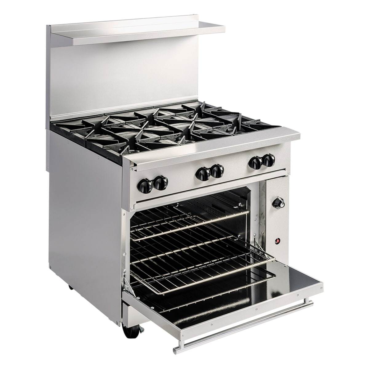 Angled view of Wolf C36S-6BN gas range showing six burners, backriser high shelf, and standard oven interior