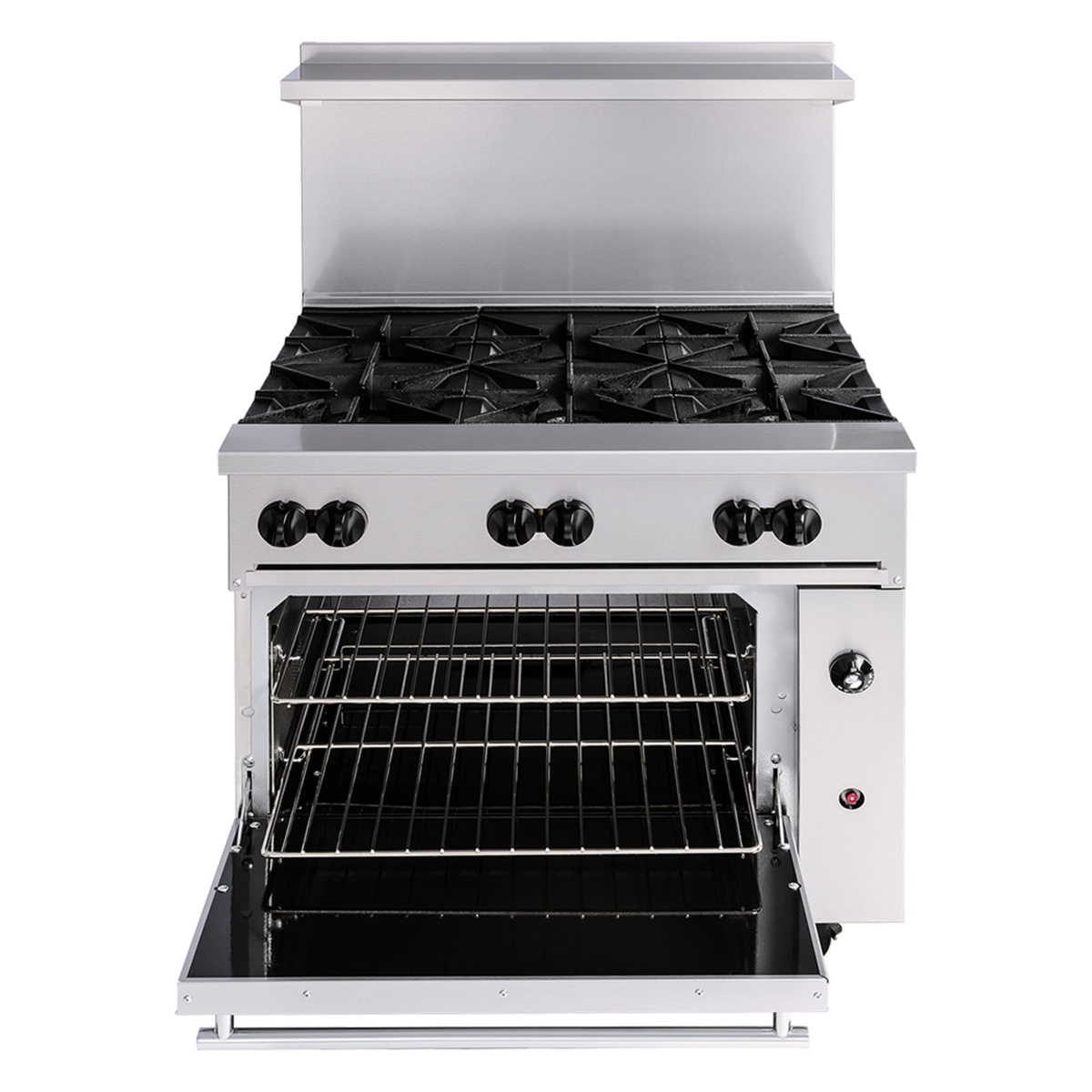 Front view of Wolf C36S-6BN 36-inch 6-burner gas range with standard oven door open