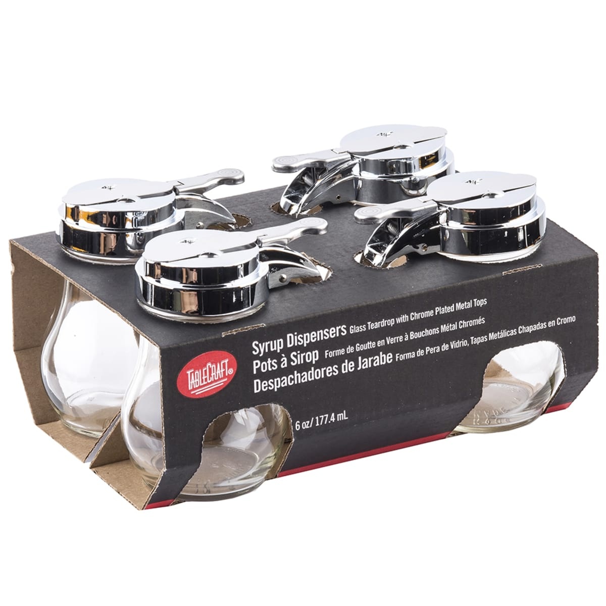 Tablecraft C406-4 pack of four teardrop glass syrup dispensers with chrome tops in retail display box, side angle view