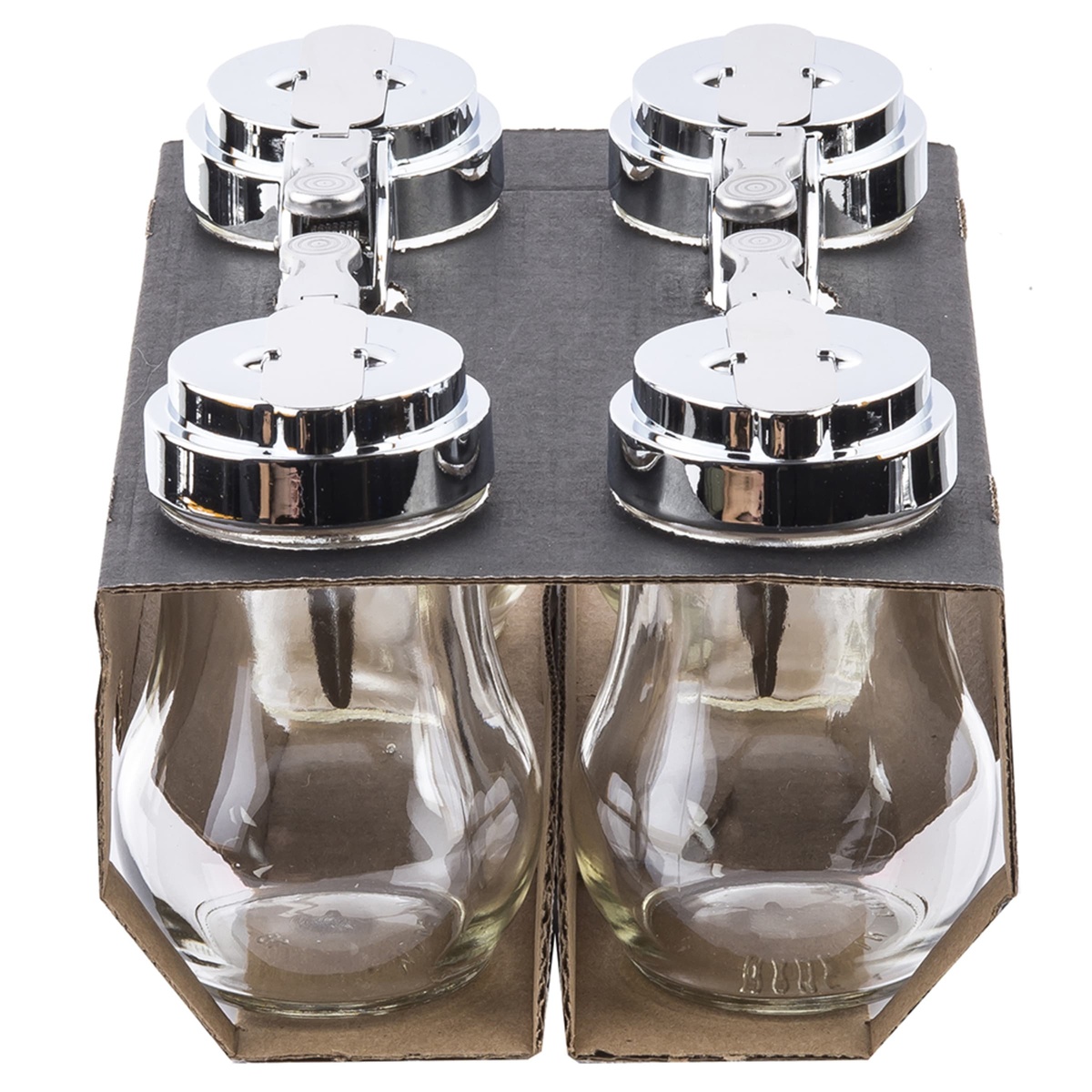 Tablecraft C406-4 four teardrop glass syrup dispenser jars with chrome tops viewed from above, showing clear glass bodies
