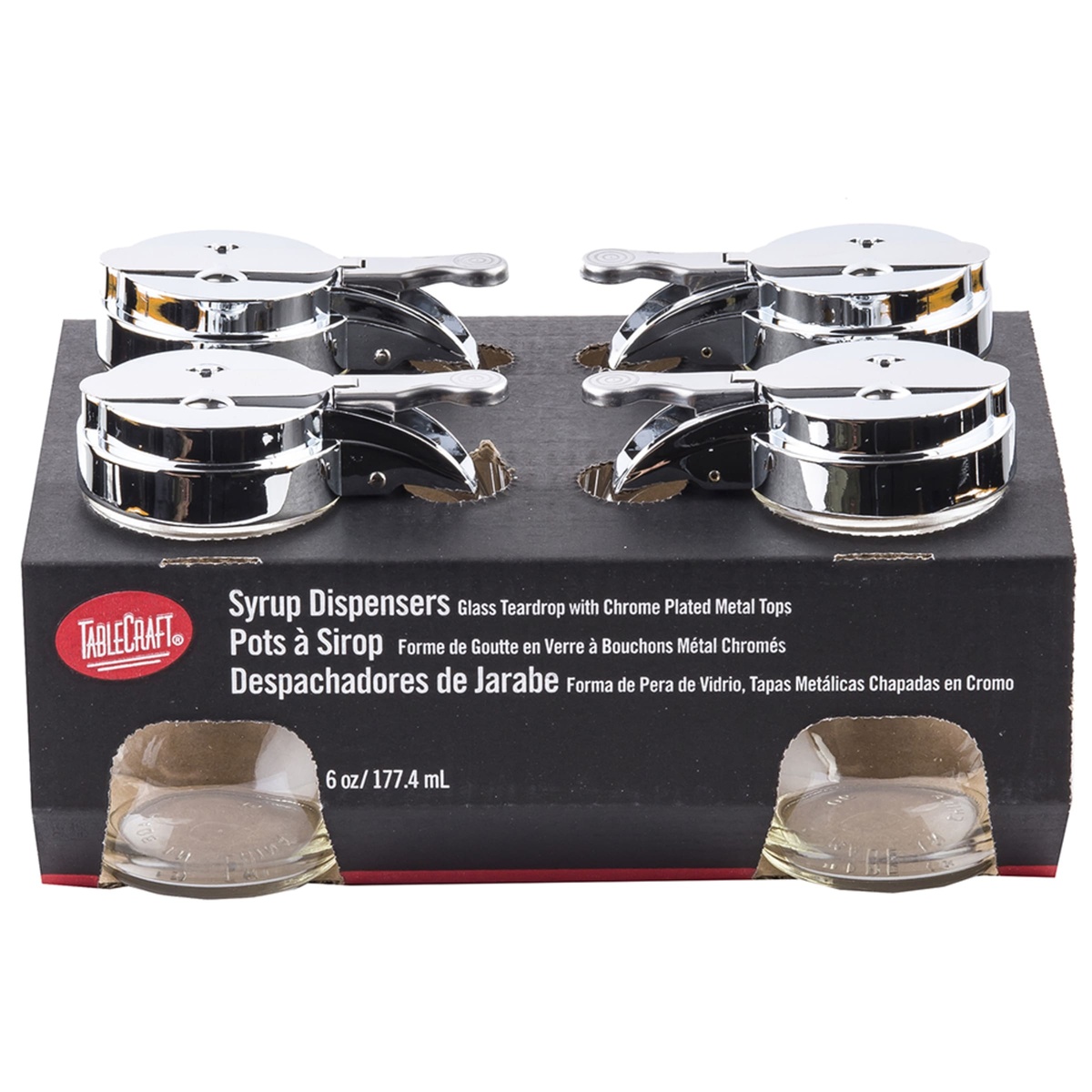 Tablecraft C406-4 four glass syrup dispensers with chrome-plated metal tops viewed from front in retail packaging