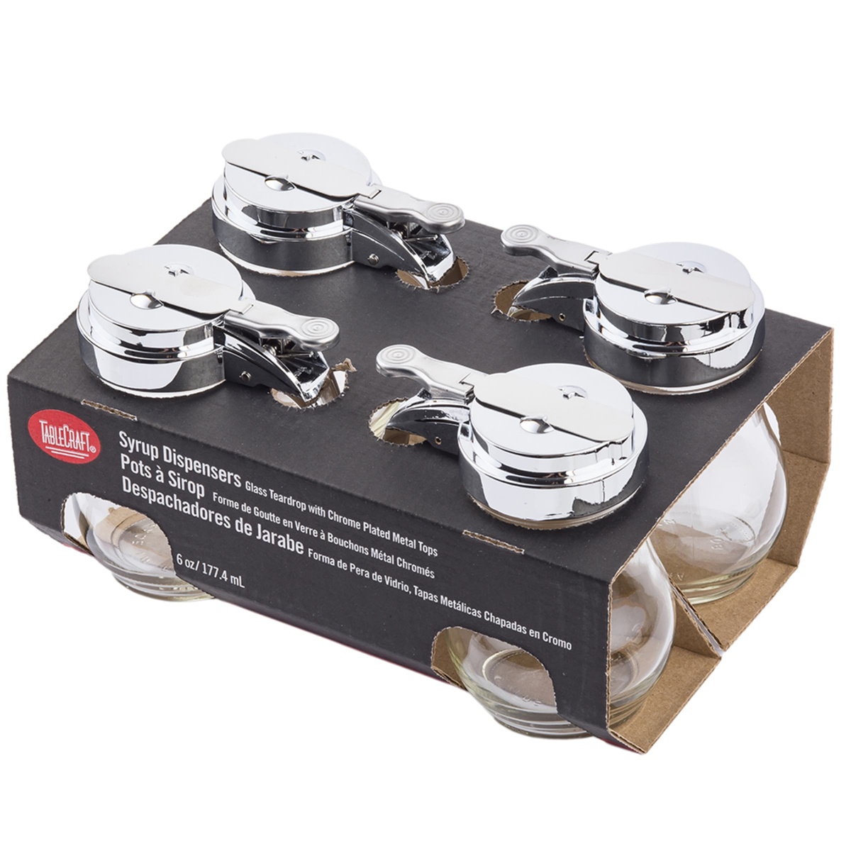 Tablecraft C406-4 four teardrop glass syrup dispensers in retail display box, alternate angle showing all four chrome-topped units