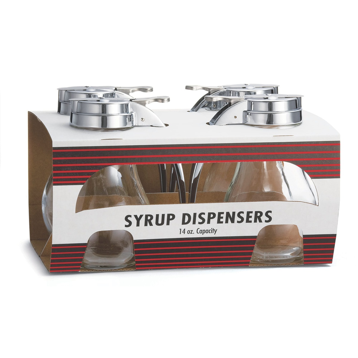 TableCraft C414-4 pack of four 14 oz. teardrop glass syrup dispensers with chrome tops in retail display box