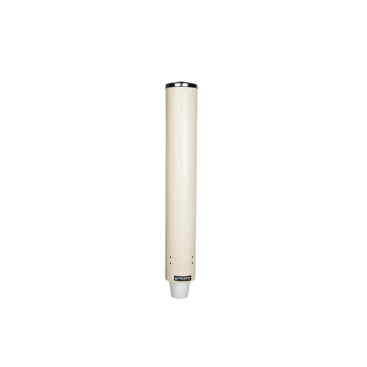San Jamar pull-type foam cup dispenser, full front view showing tall cylindrical tube with chrome cap