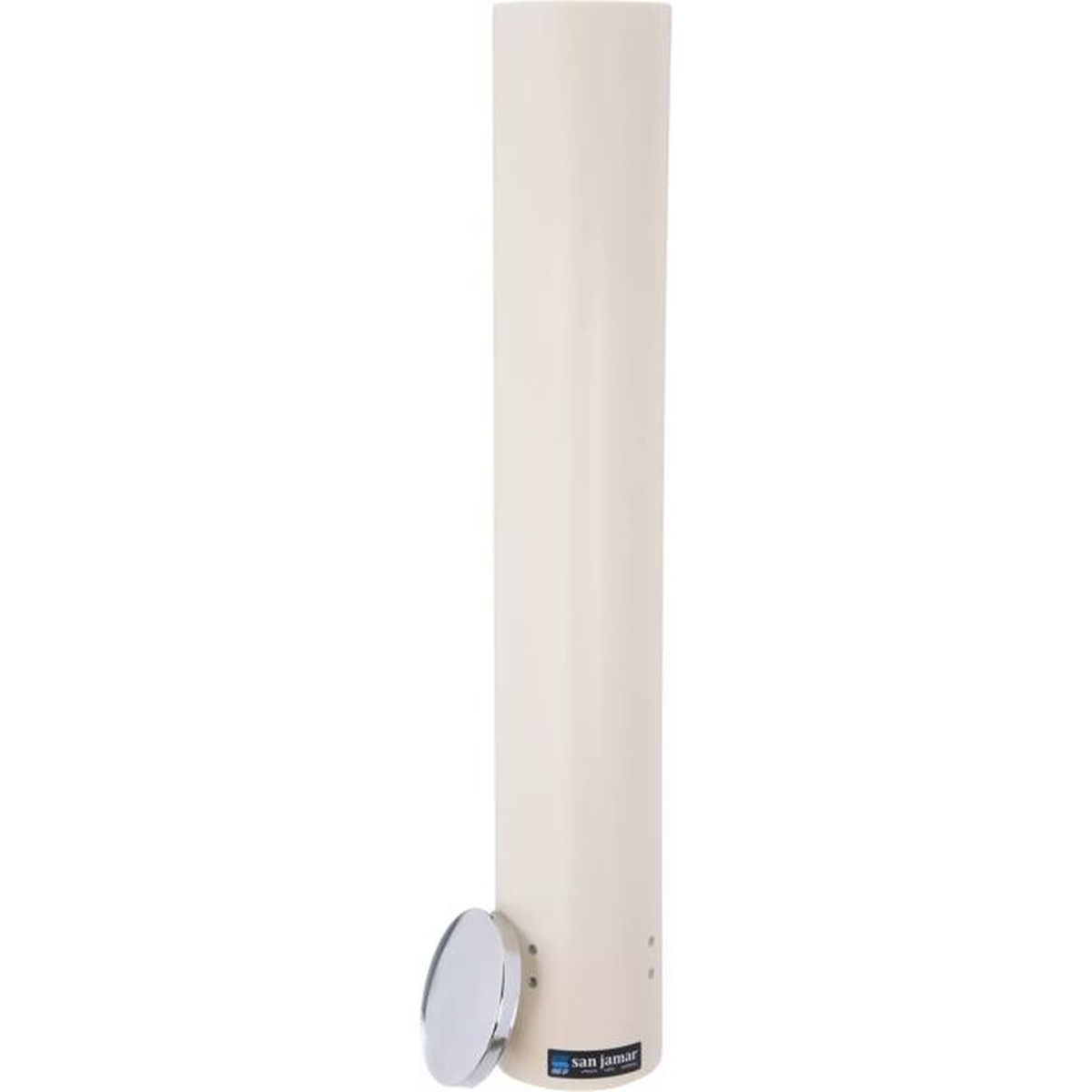 San Jamar cup dispenser side view showing removable chrome sanitary cap