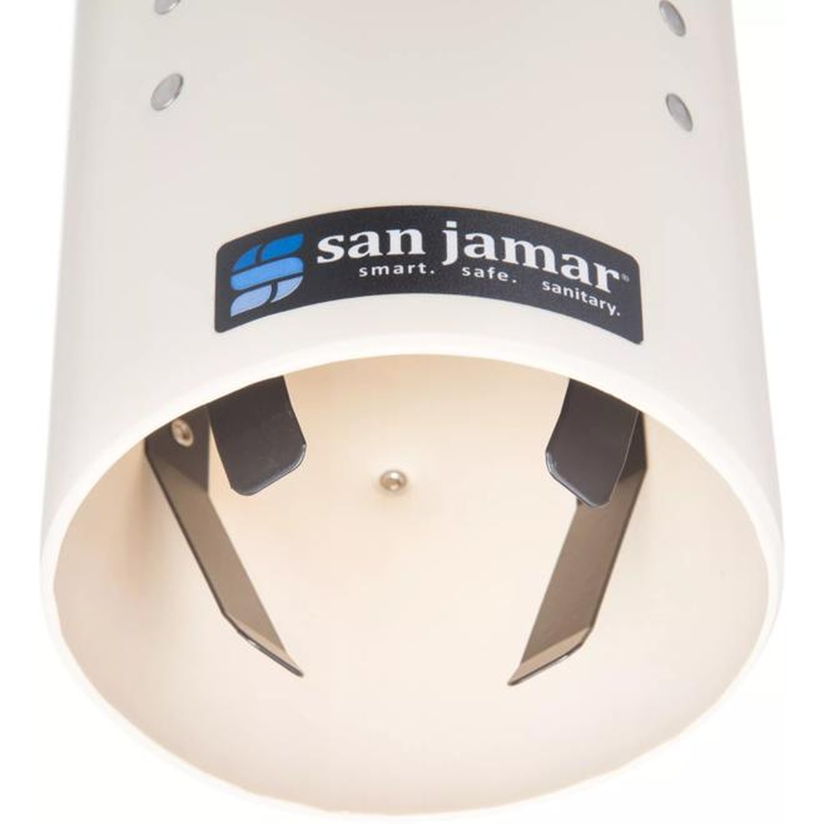 Close-up of bottom opening of San Jamar cup dispenser showing self-adjusting internal dispensing mechanism