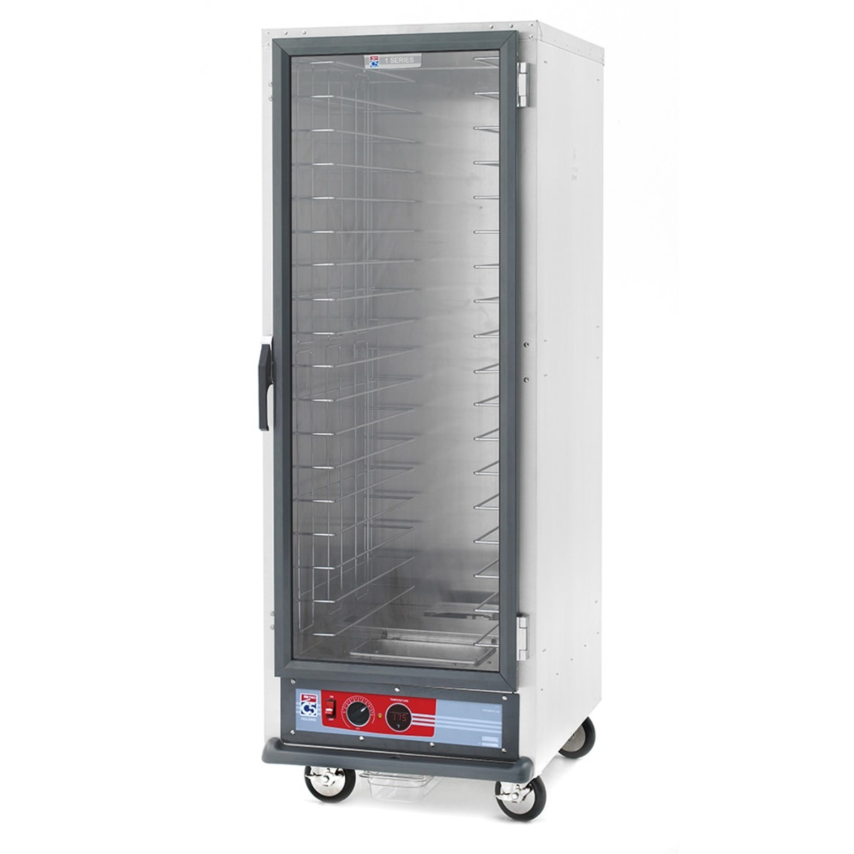 Metro C519-HFC-4 full-height non-insulated heated holding cabinet with clear polycarbonate door, fixed wire slides, bottom-mounted controls, and casters