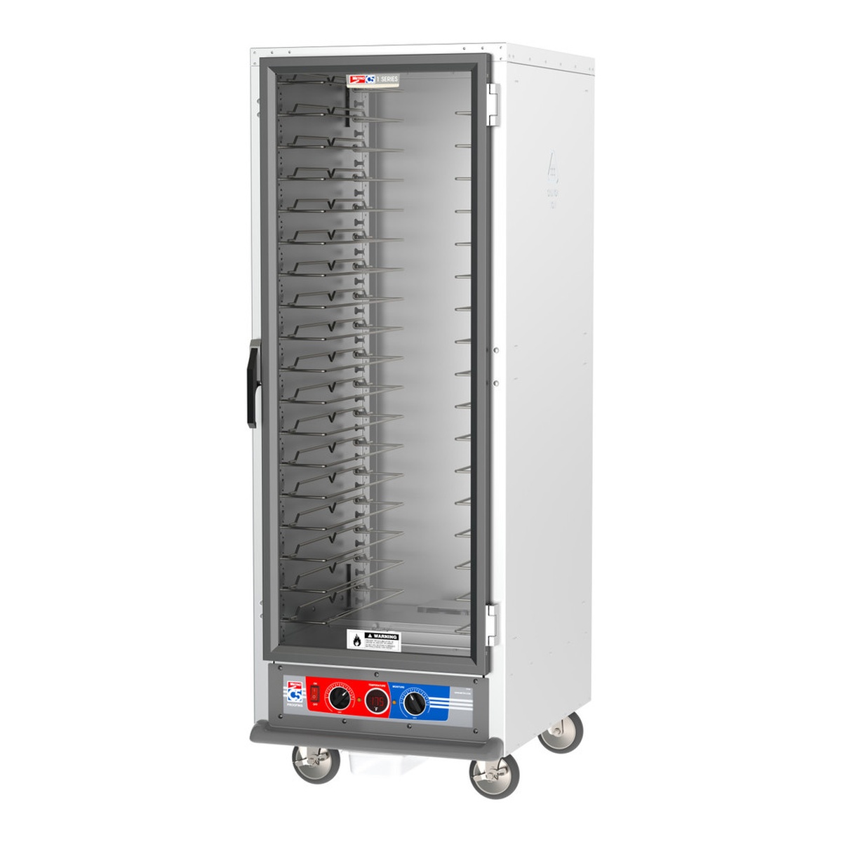 Metro C519-PFC-4 full-height non-insulated proofing cabinet with clear polycarbonate door, fixed wire slides, bottom-mounted analog controls, and swivel casters