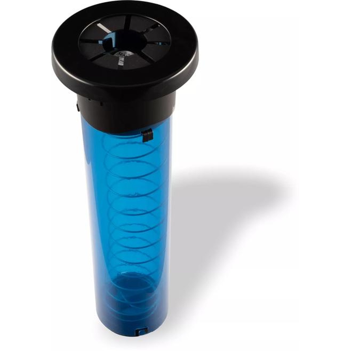 San Jamar Euro Sentry blue cup dispenser angled view showing spring coil and dispenser head