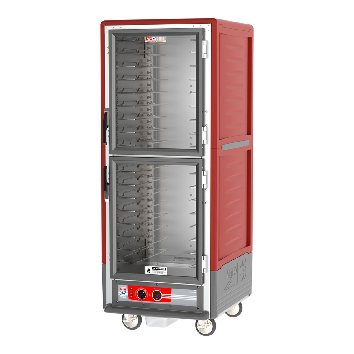 Metro C539-HDS-4 full-height red insulated heated holding cabinet with solid Dutch doors, wire slides, and bottom-mounted control panel on casters