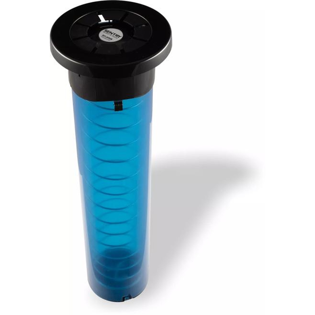 San Jamar Sentry C5450C blue cup dispenser angled view showing top dispensing mechanism