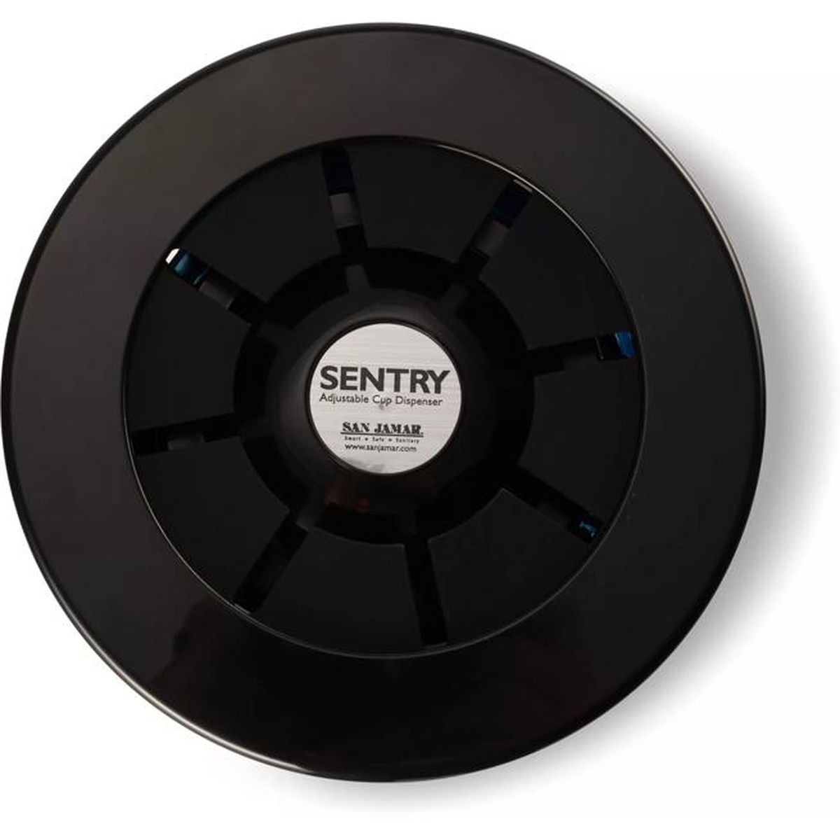San Jamar Sentry cup dispenser top view showing trim ring and counter-mount profile