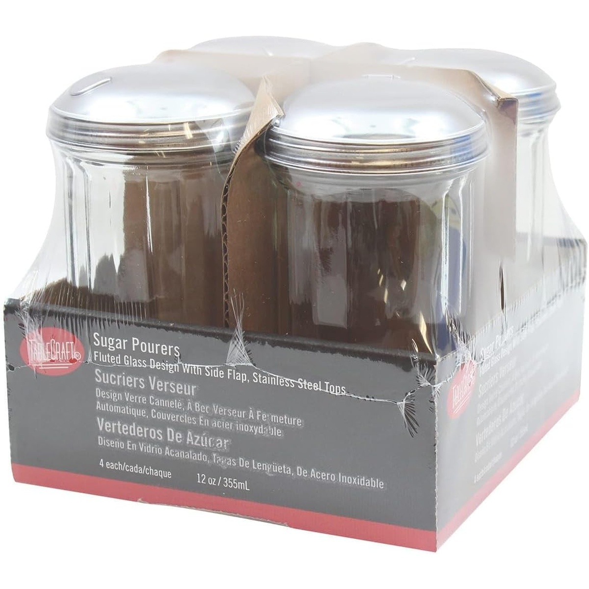 TableCraft C57S-4 fluted glass sugar pourers with stainless steel tops in retail packaging, pack of 4