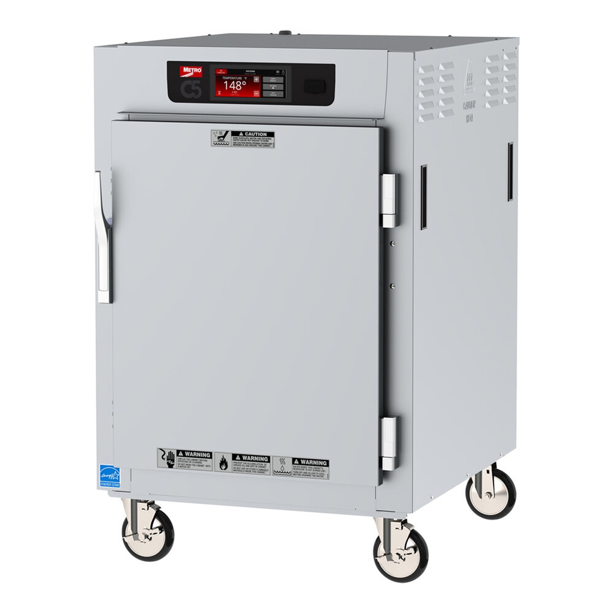 Metro C585-SFS-U half-height stainless steel heated holding cabinet with touchscreen controls and casters