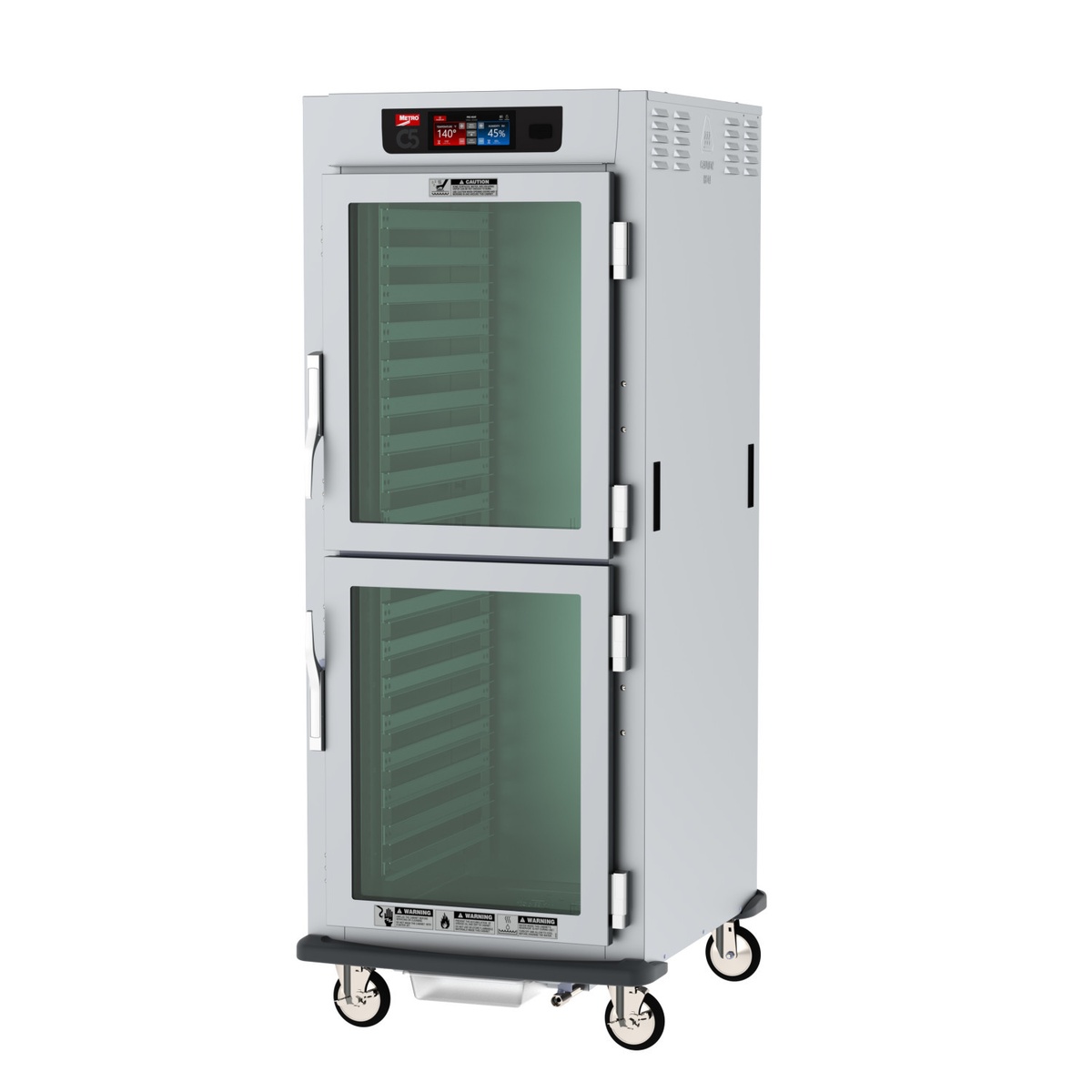 Metro C599-SDC-U full height heated holding and proofing cabinet with clear Dutch doors and top-mounted touchscreen display