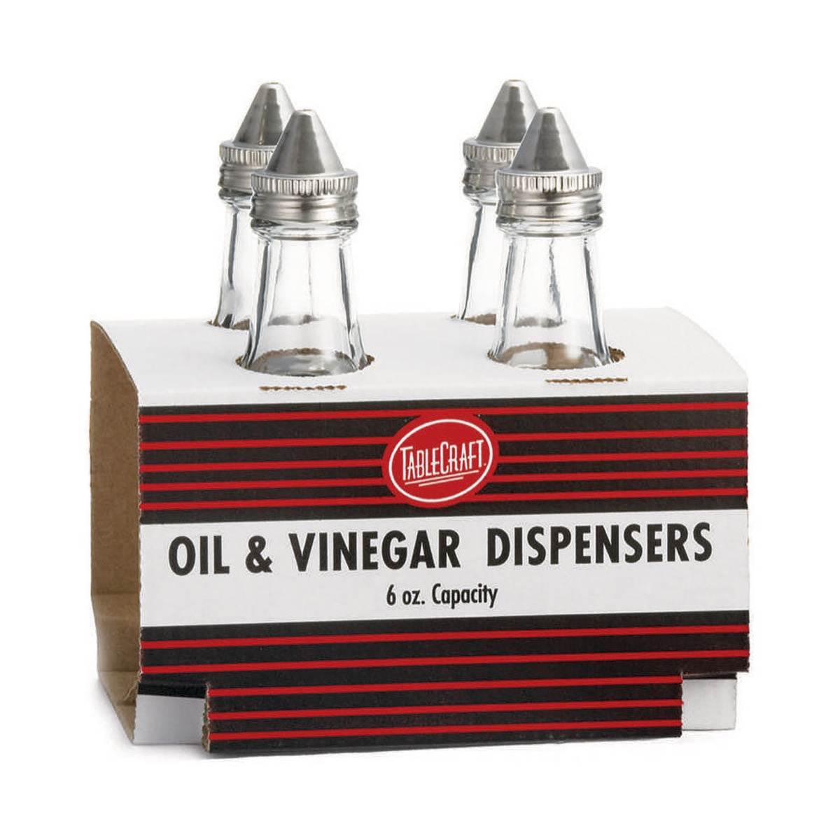 Four Tablecraft C600-4 glass oil and vinegar dispensers with stainless steel tops displayed in their cardboard carry pack